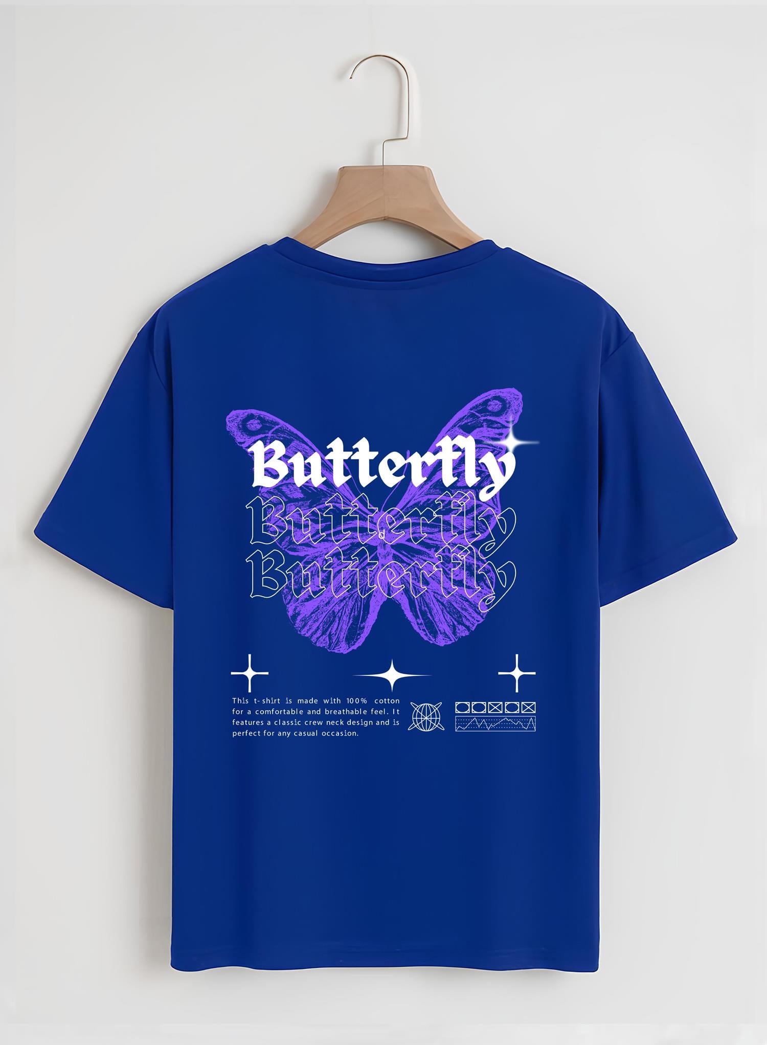 Unisex Oversize Bisiklet Yaka Butterfly Baskılı Basic T-Shirt - SAKS MAVİSİ