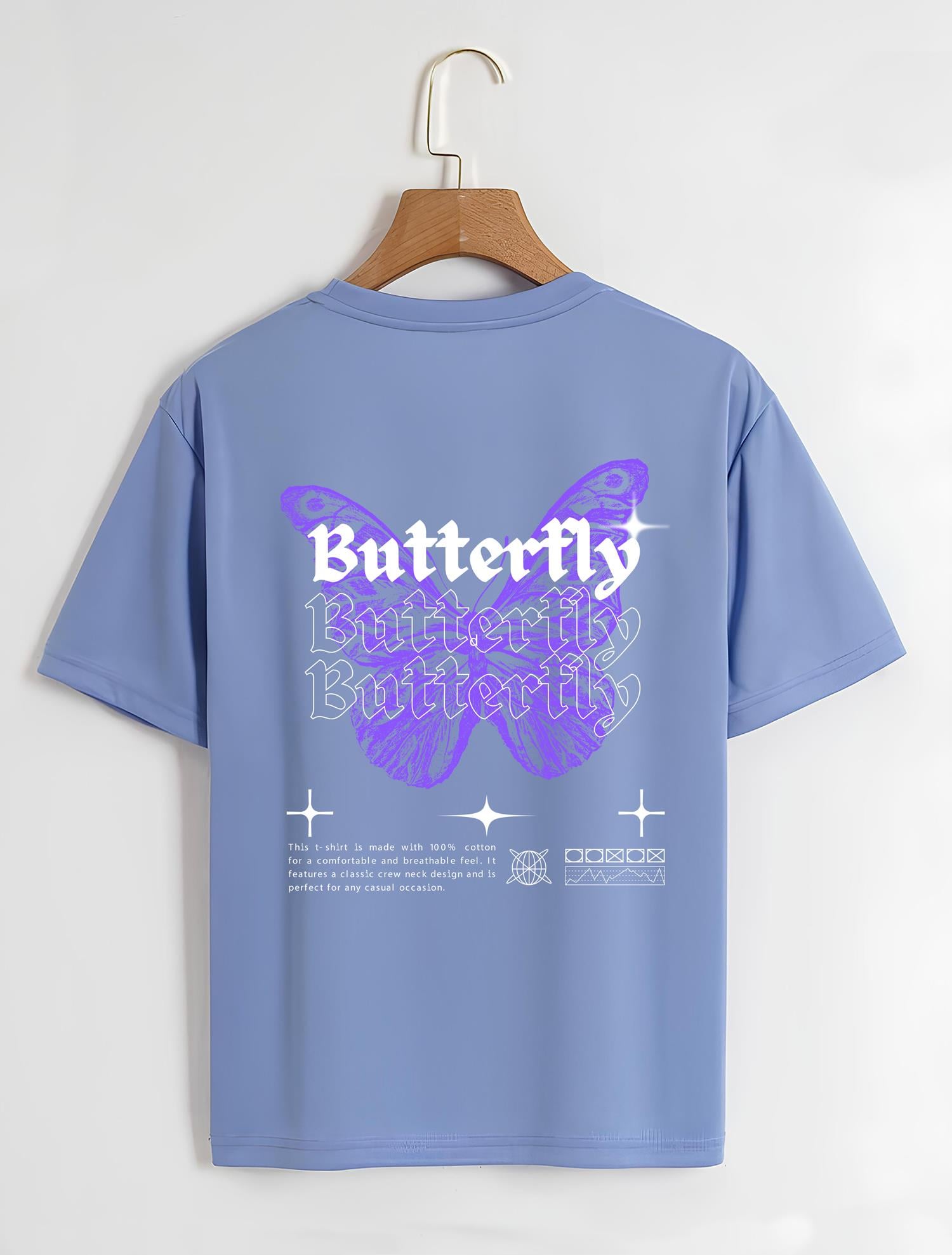 Unisex Oversize Bisiklet Yaka Butterfly Baskılı Basic T-Shirt - MAVİ