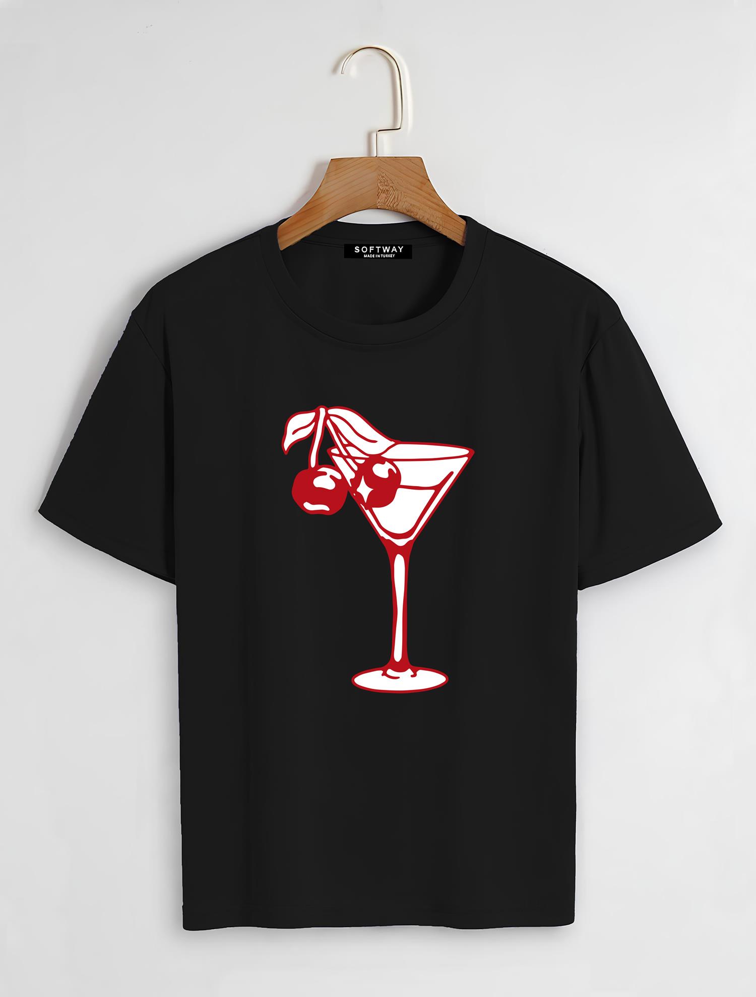 Unisex Oversize Bisiklet Yaka Cherry Cocktail Baskılı Basic T-Shirt - SİYAH