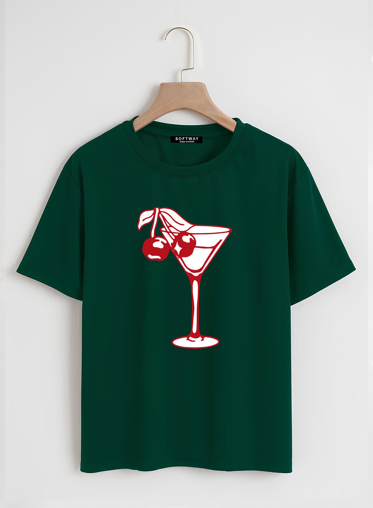 Unisex Oversize Bisiklet Yaka Cherry Cocktail Baskılı Basic T-Shirt - KOYU YEŞİL