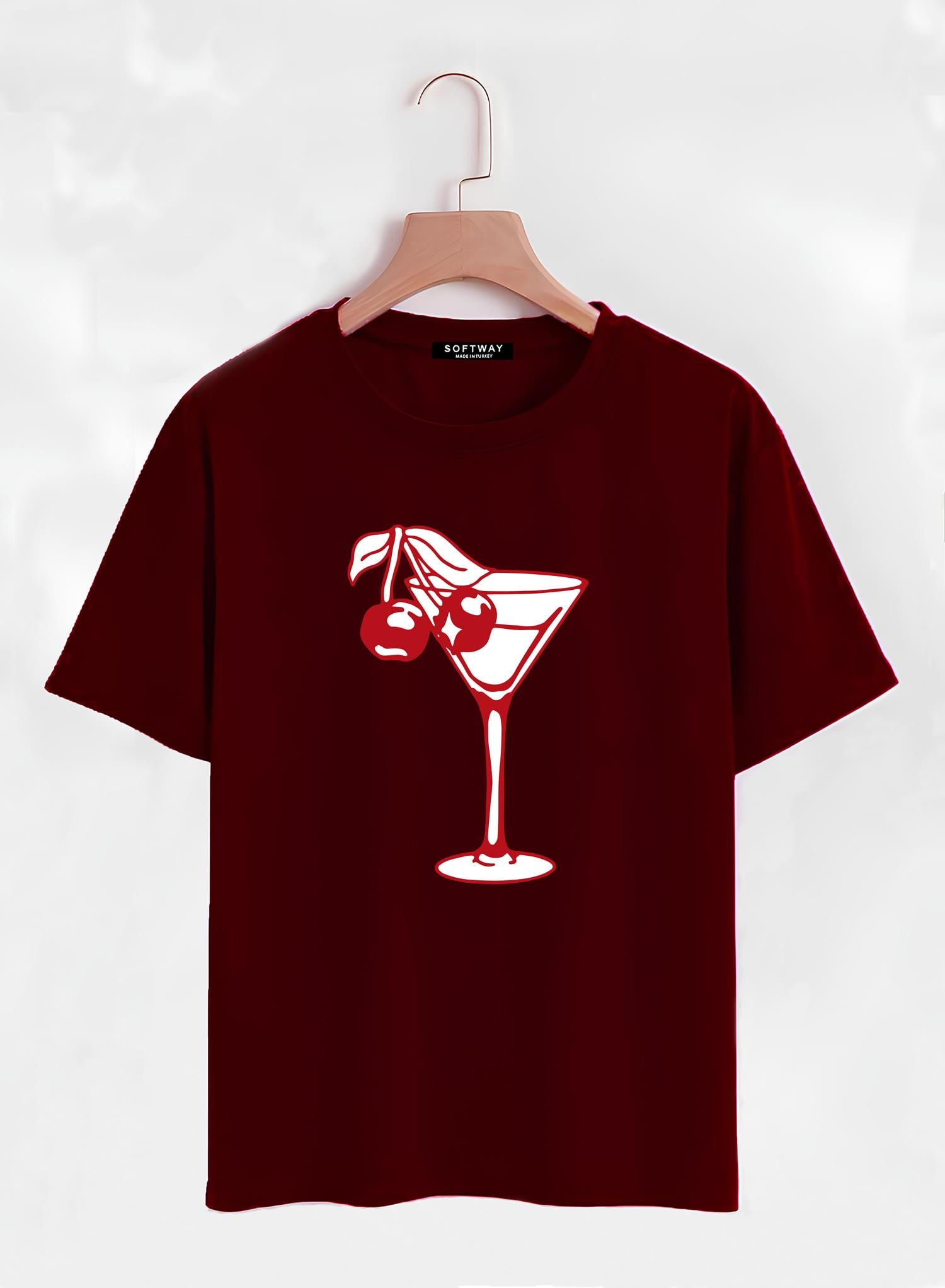 Unisex Oversize Bisiklet Yaka Cherry Cocktail Baskılı Basic T-Shirt - BORDO