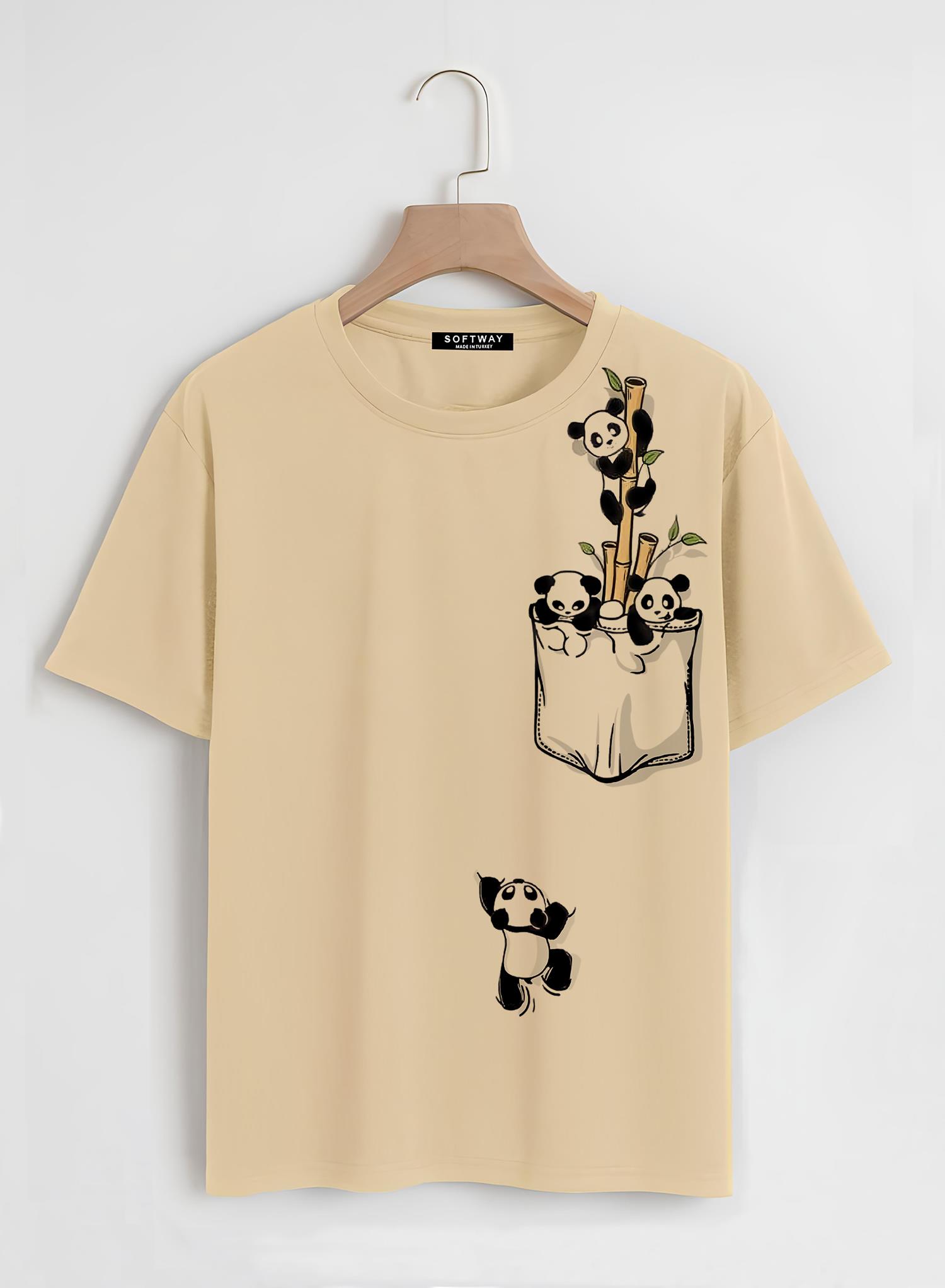 Unisex Oversize Bisiklet Yaka Climbing Panda Baskılı Basic T-Shirt - BEJ