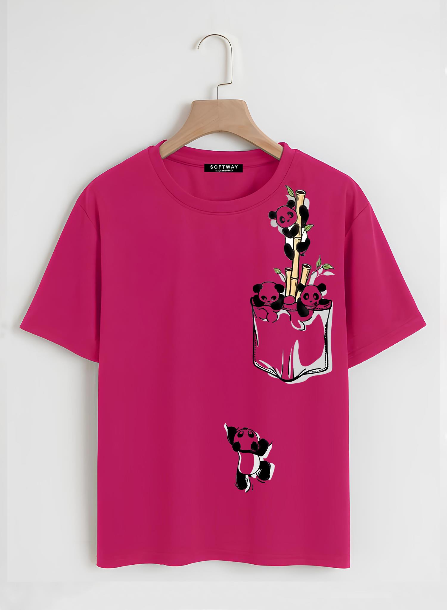 Unisex Oversize Bisiklet Yaka Climbing Panda Baskılı Basic T-Shirt - FUŞYA