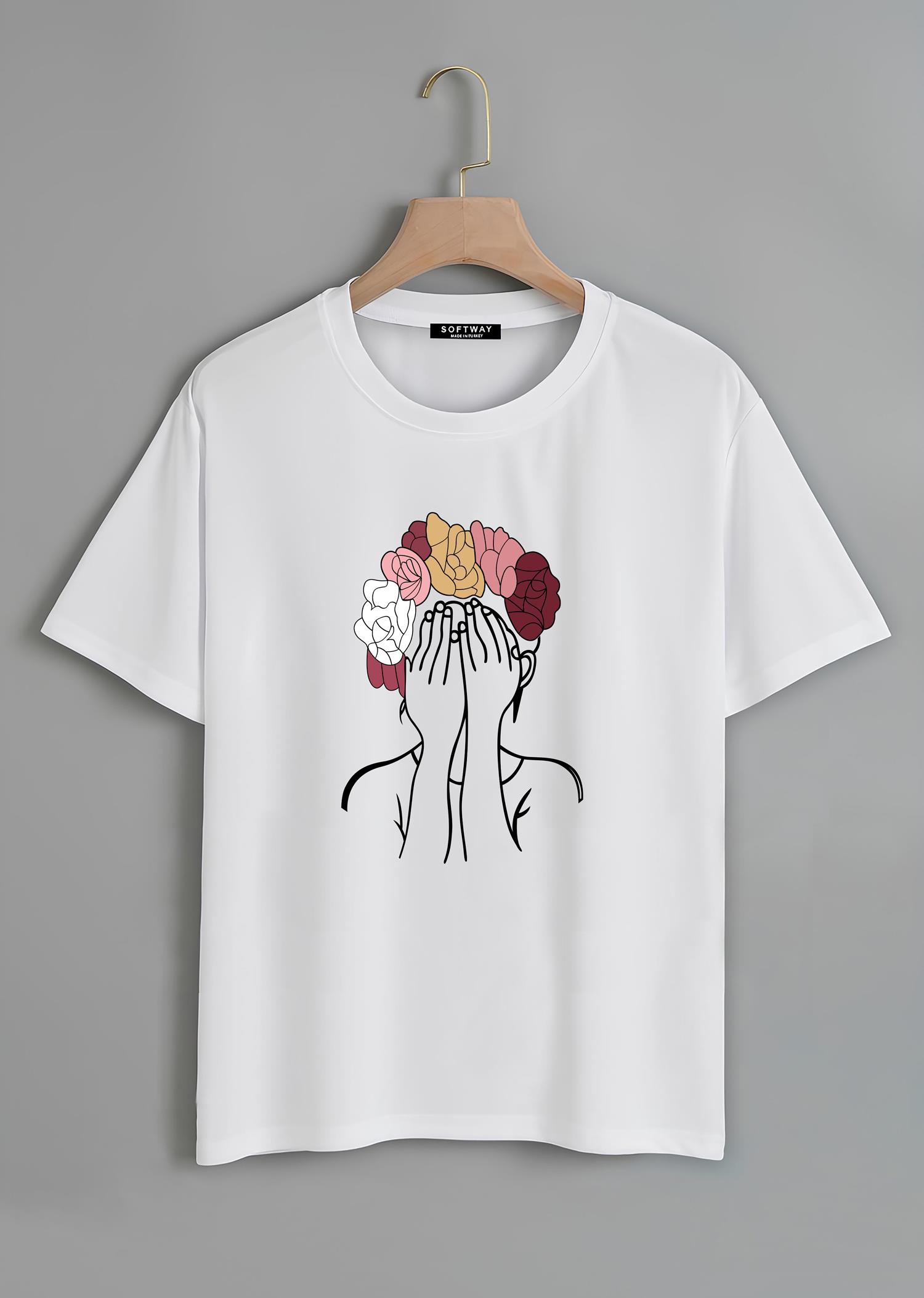Unisex Oversize Bisiklet Yaka Colorful Hair Baskılı Basic T-Shirt - BEYAZ