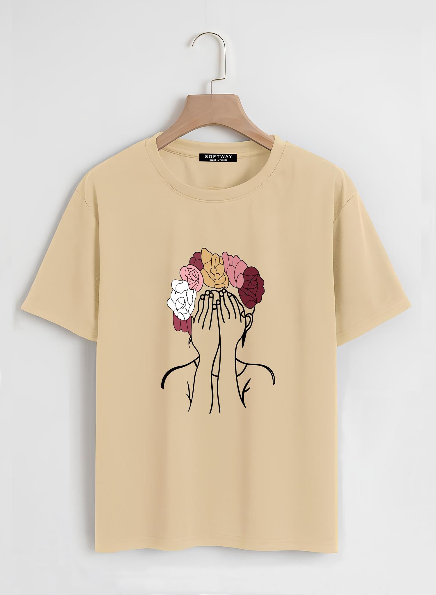 Unisex Oversize Bisiklet Yaka Colorful Hair Baskılı Basic T-Shirt - BEJ