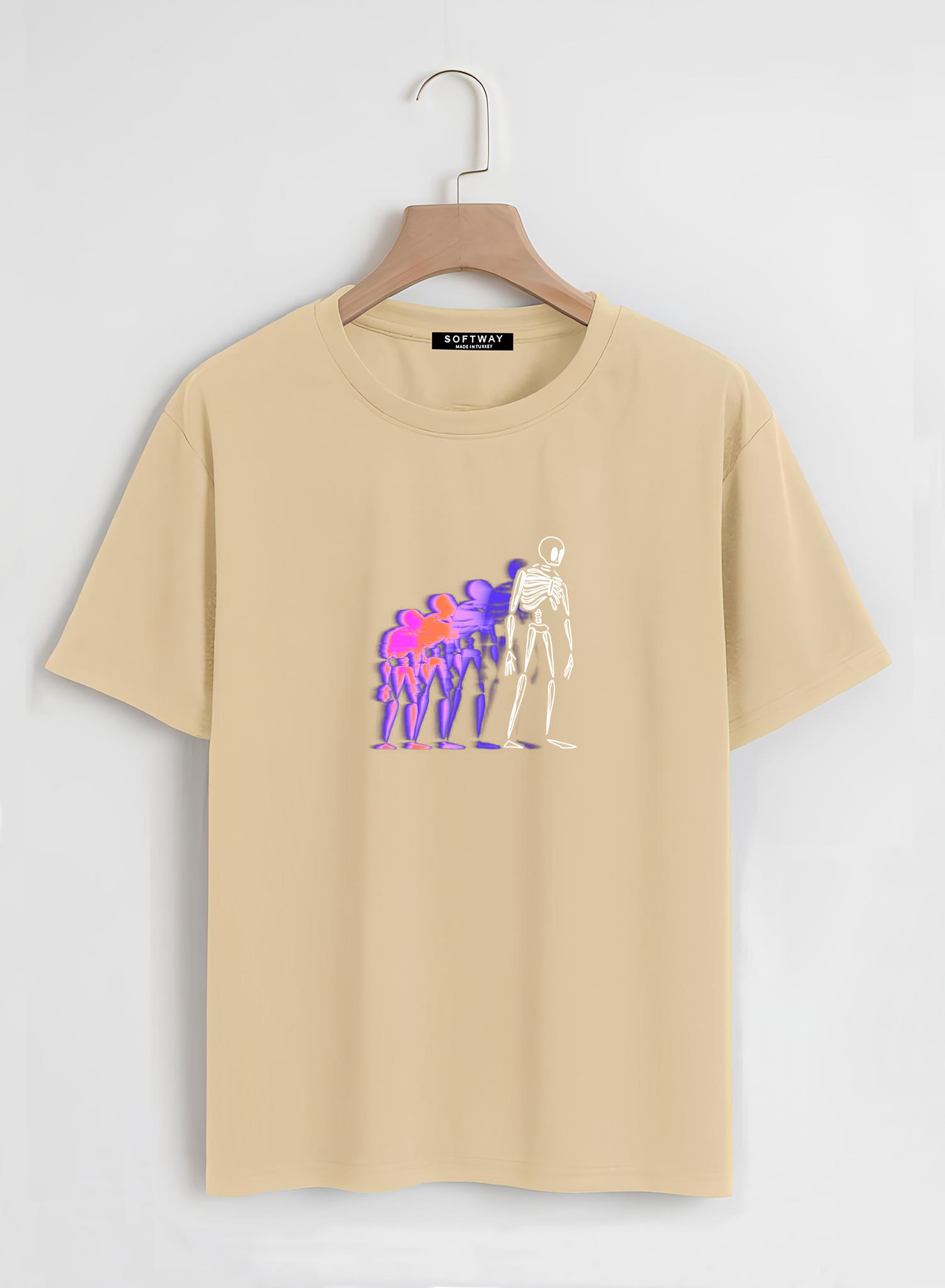 Unisex Oversize Bisiklet Yaka Colorful Skeleton Baskılı Basic T-Shirt - BEJ