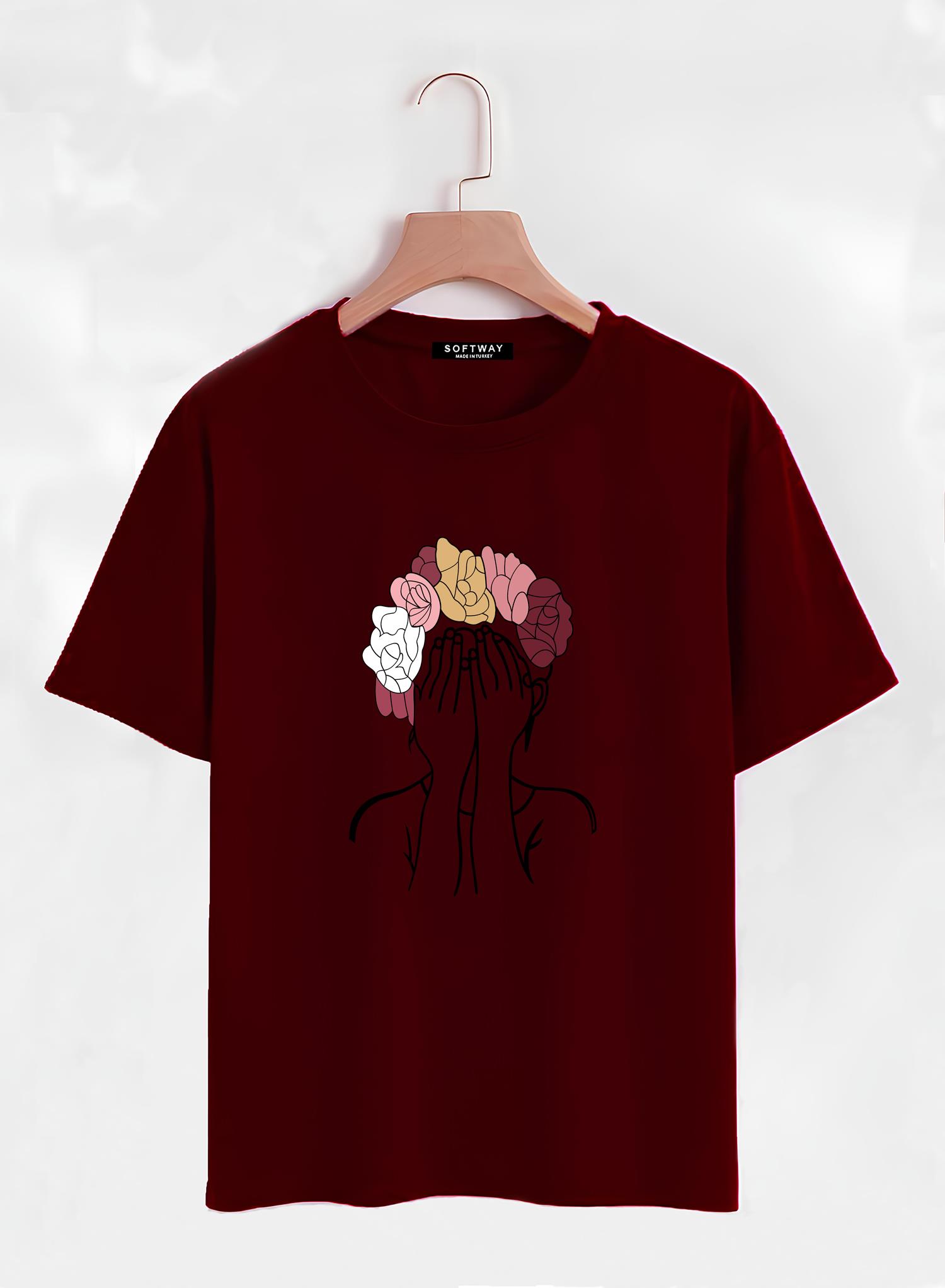 Unisex Oversize Bisiklet Yaka Colorful Hair Baskılı Basic T-Shirt - BORDO