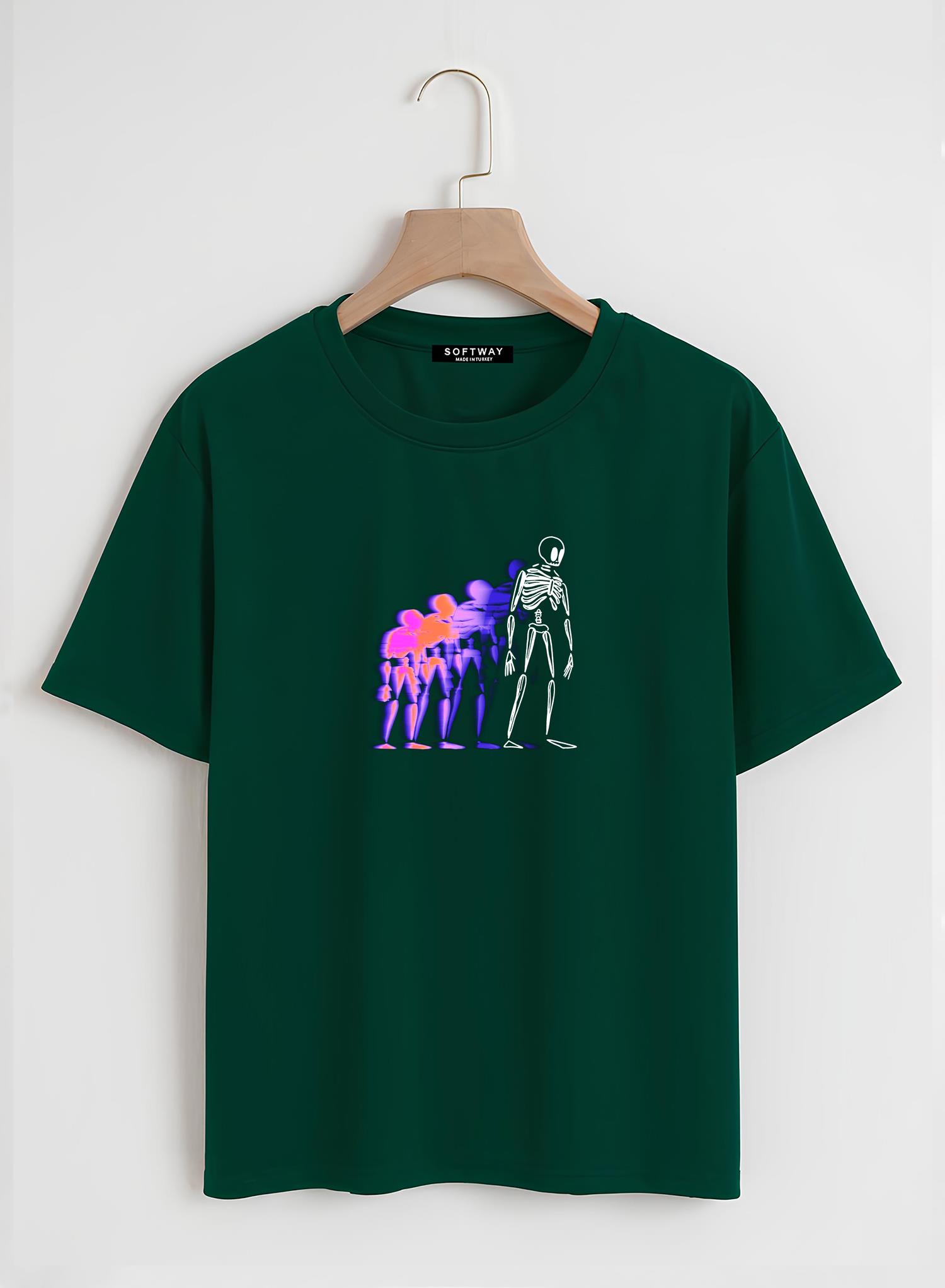 Unisex Oversize Bisiklet Yaka Colorful Skeleton Baskılı Basic T-Shirt - KOYU YEŞİL