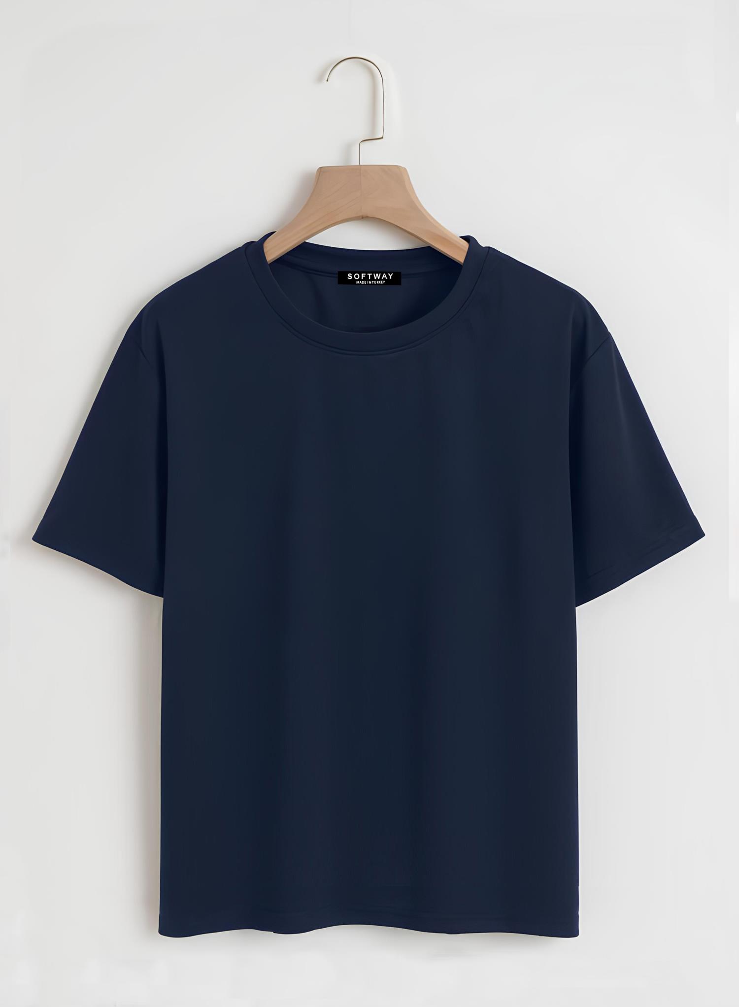 Unisex Oversize Bisiklet Yaka Düz Basic T-Shirt - LACİVERT