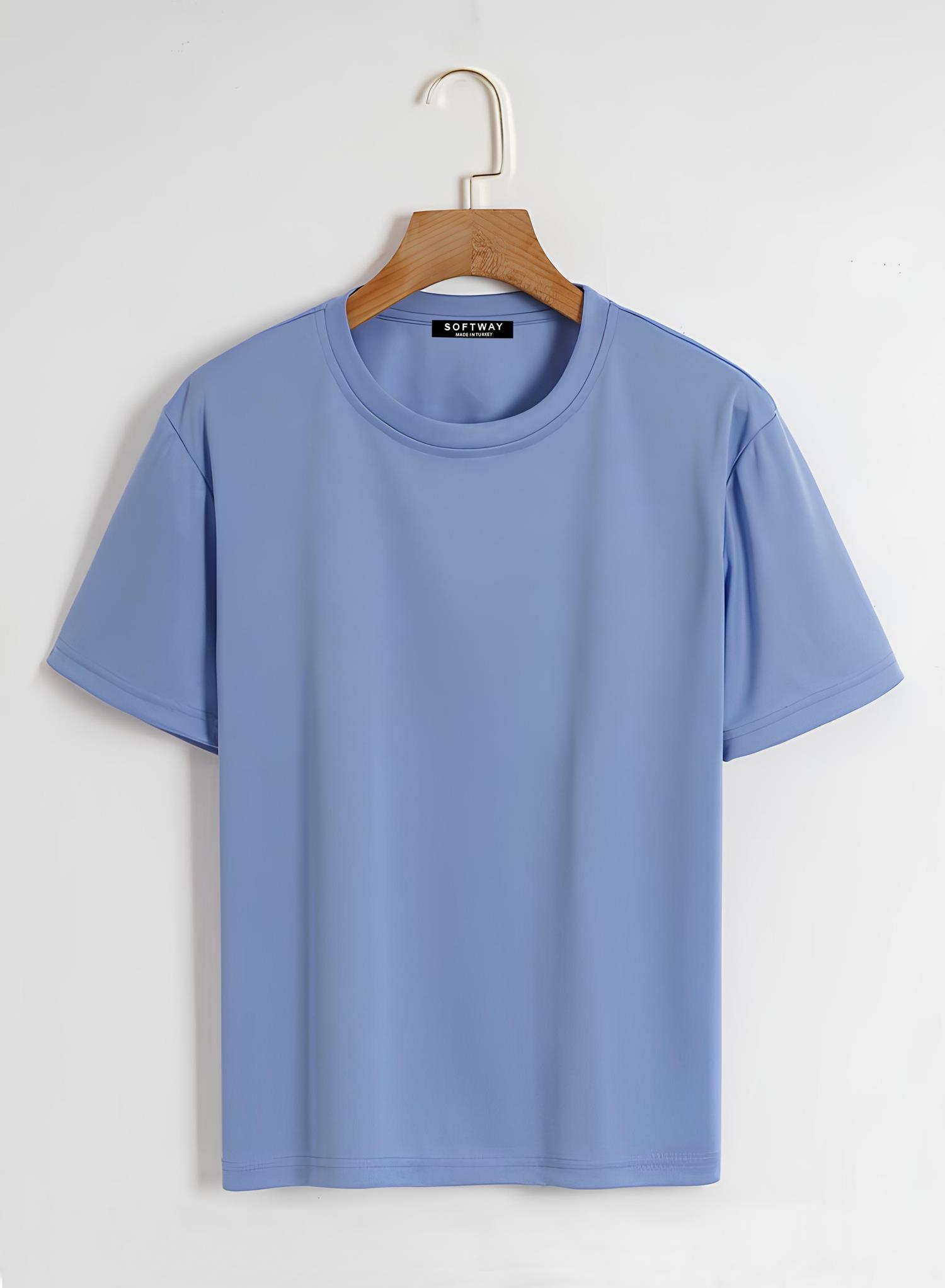 Unisex Oversize Bisiklet Yaka Düz Basic T-Shirt - MAVİ