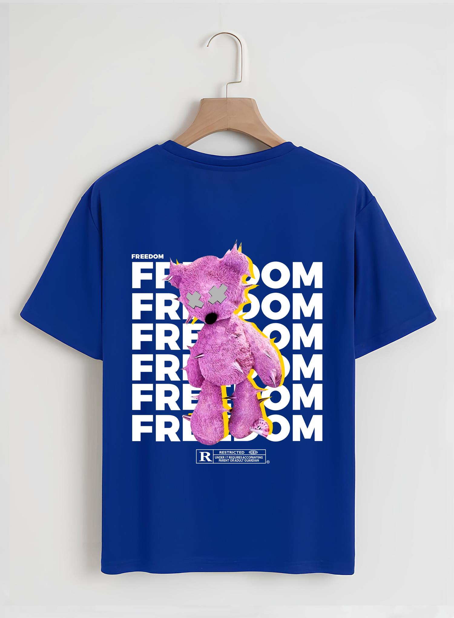 Unisex Oversize Bisiklet Yaka Freedom Baskılı Basic T-Shirt - SAKS MAVİSİ