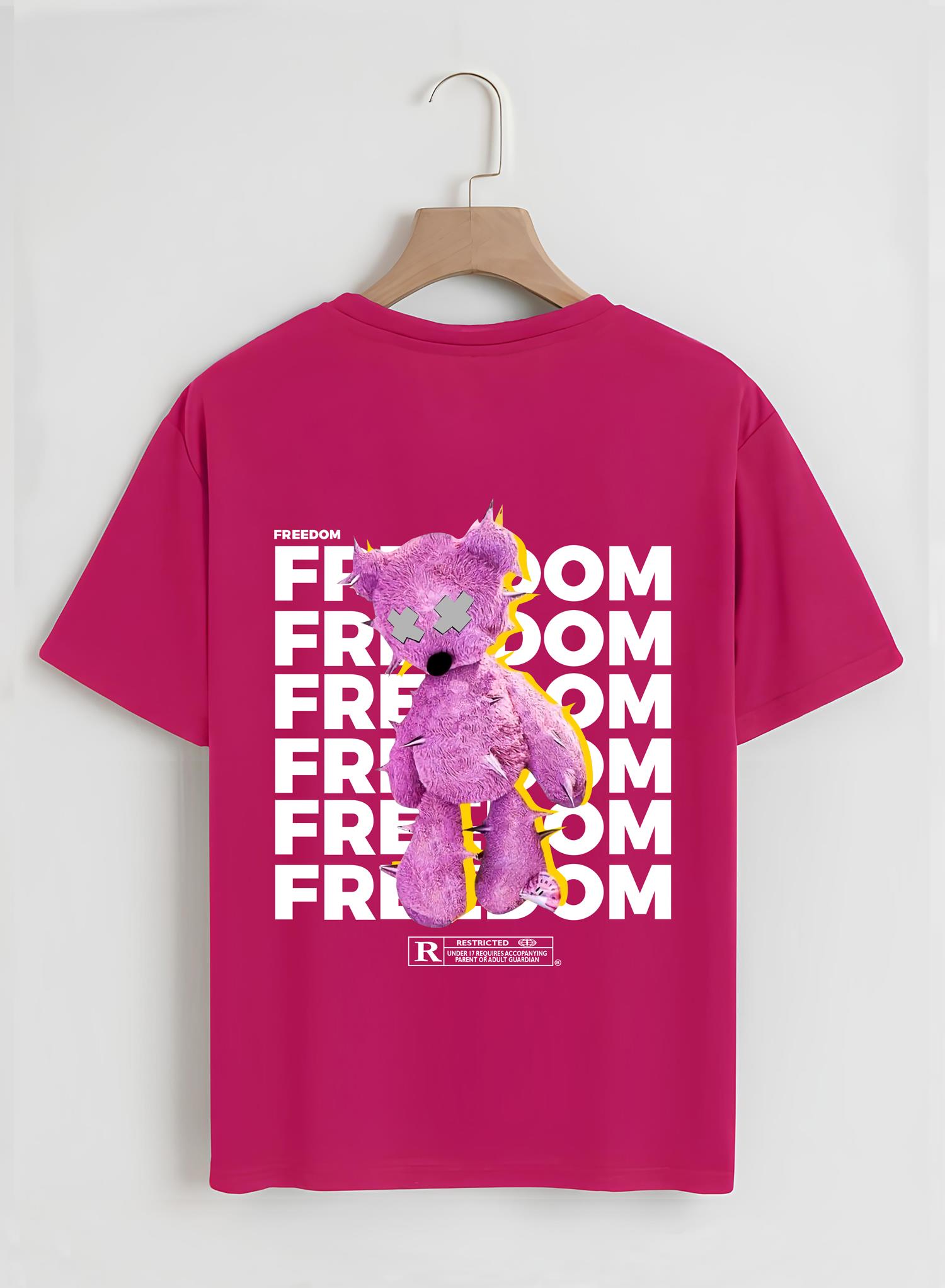 Unisex Oversize Bisiklet Yaka Freedom Baskılı Basic T-Shirt - FUŞYA
