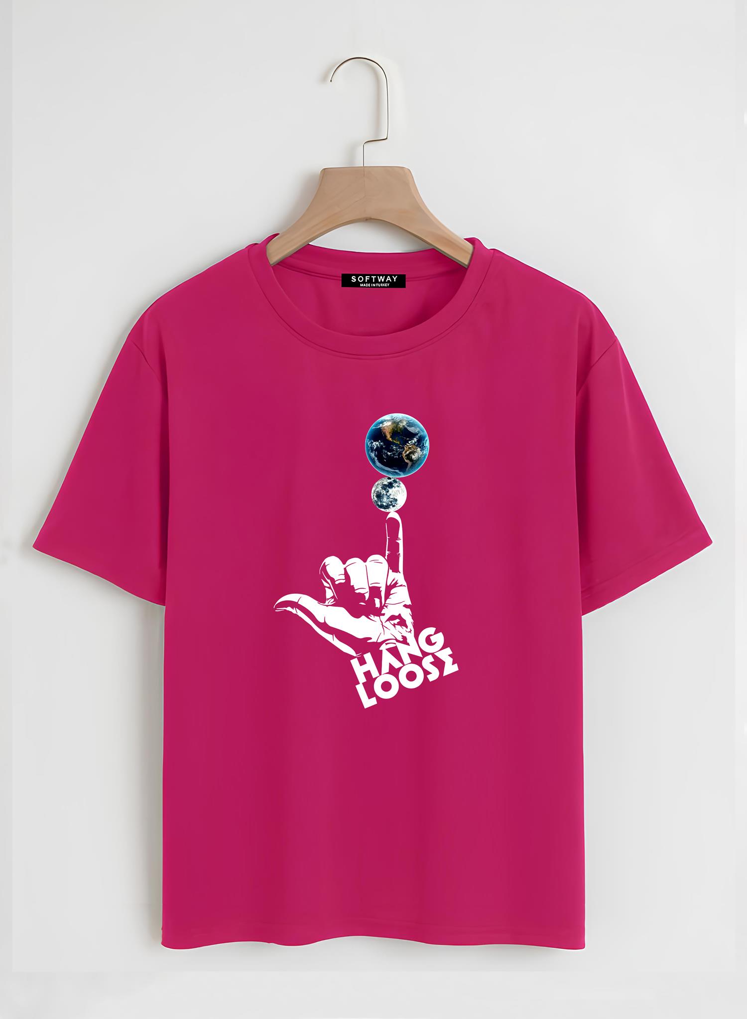 Unisex Oversize Bisiklet Yaka Hang Loose Baskılı Basic T-Shirt - FUŞYA