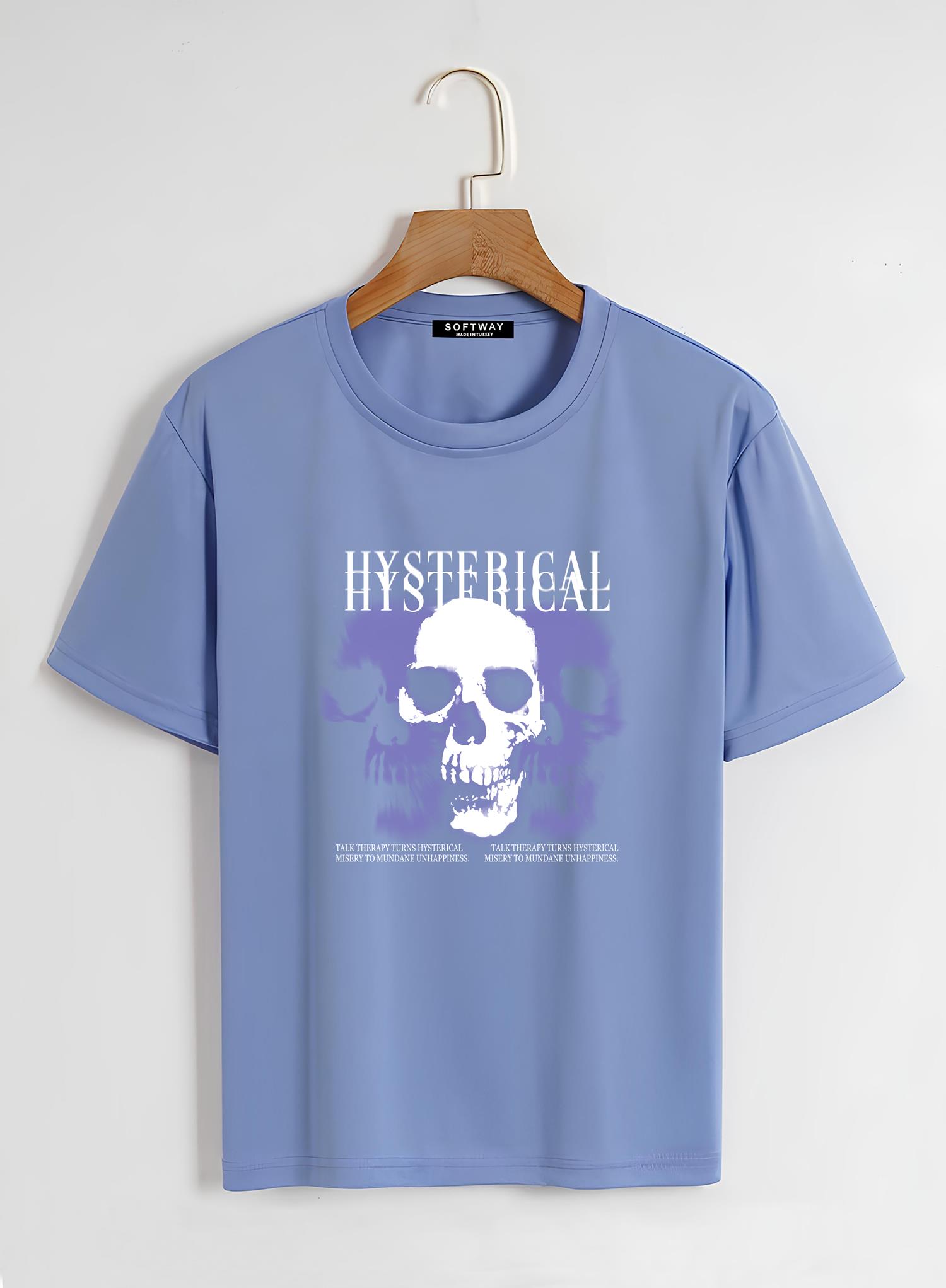 Unisex Oversize Bisiklet Yaka Hysterigal Baskılı Basic T-Shirt - MAVİ