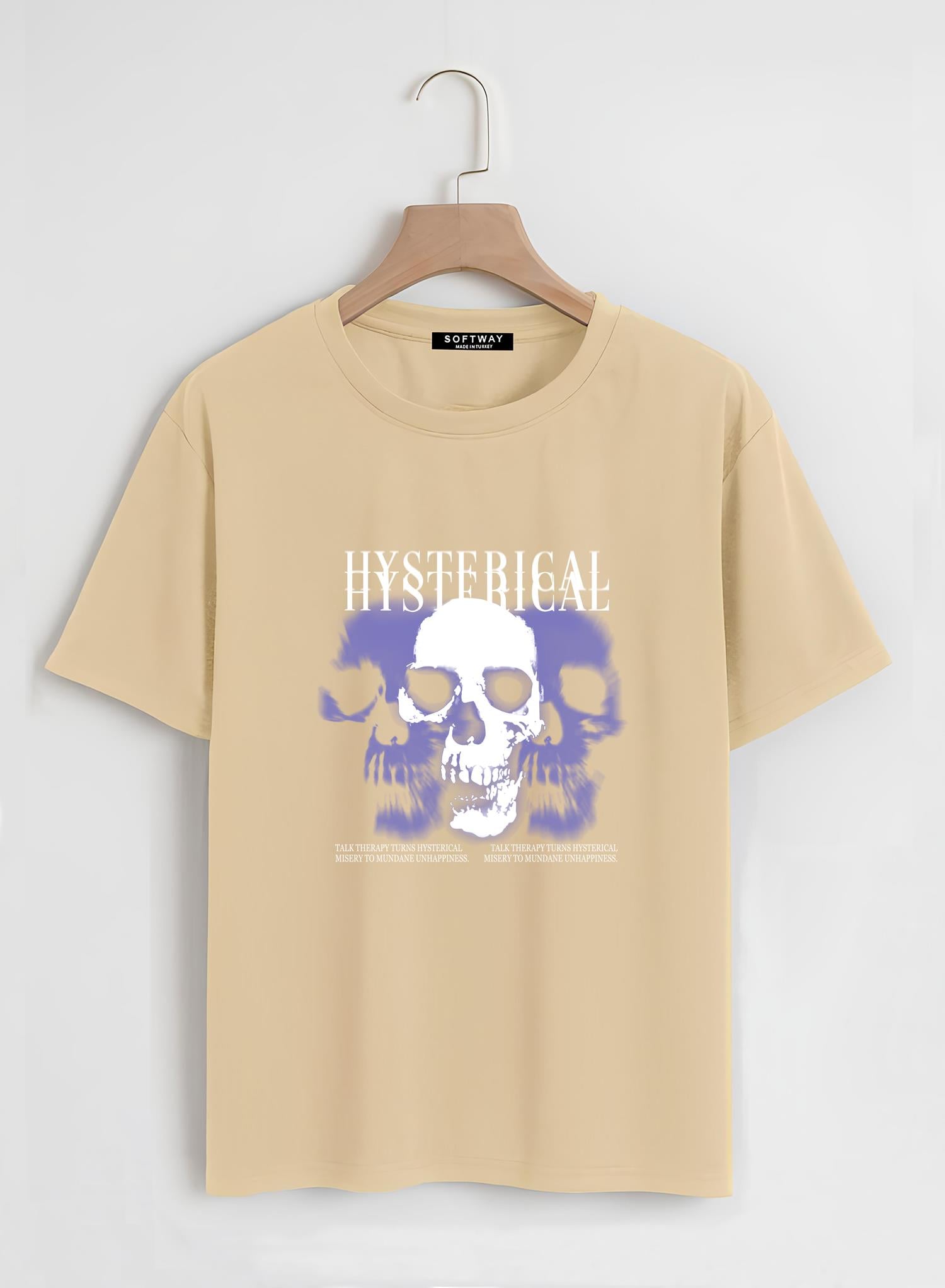Unisex Oversize Bisiklet Yaka Hysterigal Baskılı Basic T-Shirt - BEJ