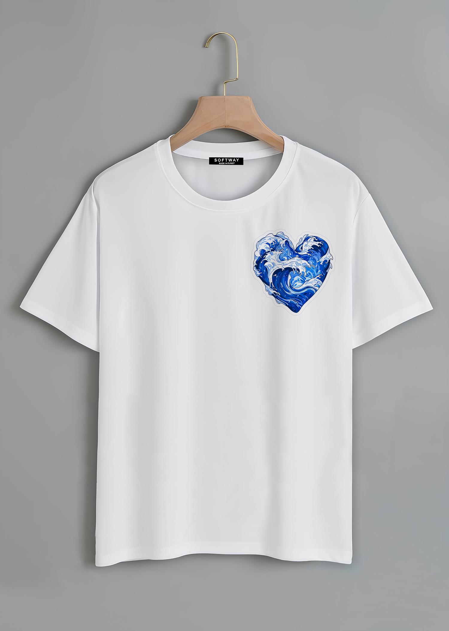 Unisex Oversize Bisiklet Yaka Ocean Heart Baskılı Basic T-Shirt - BEYAZ