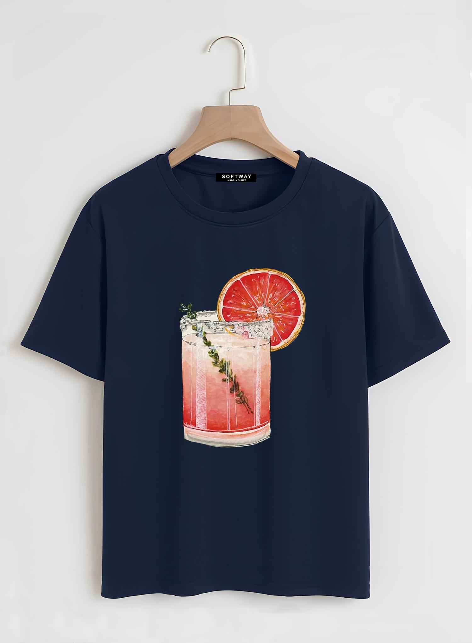 Unisex Oversize Bisiklet Yaka Orange Cocktail Baskılı Basic T-Shirt - LACİVERT