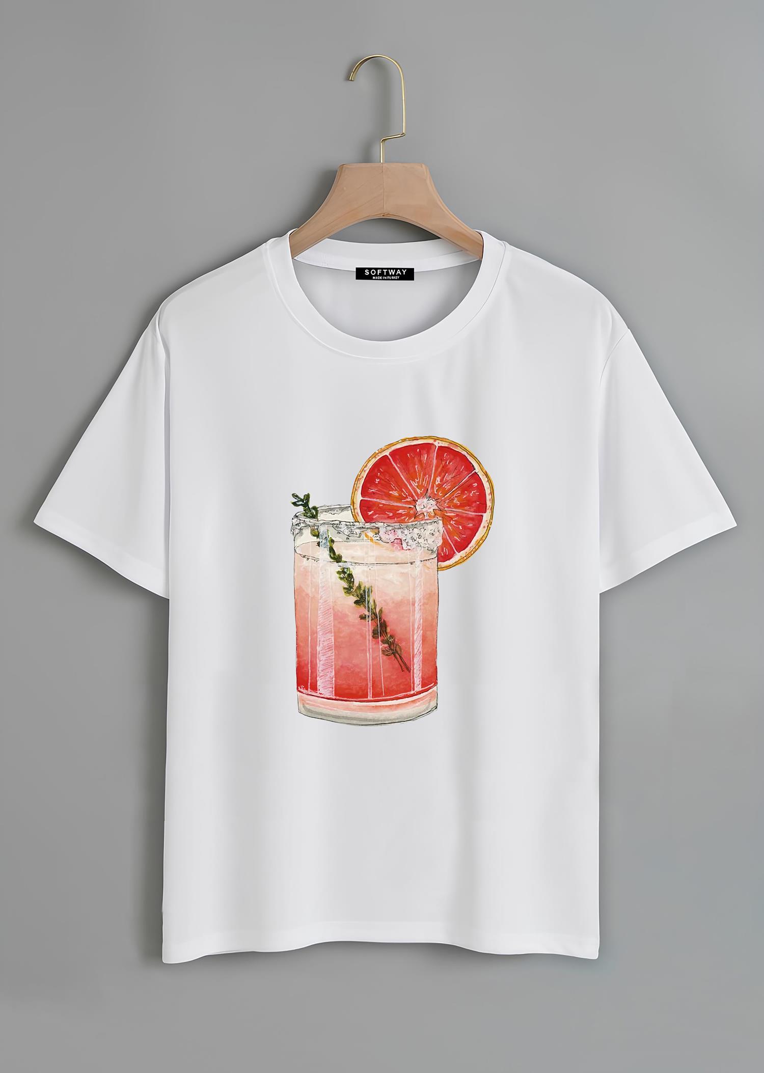 Unisex Oversize Bisiklet Yaka Orange Cocktail Baskılı Basic T-Shirt - BEYAZ