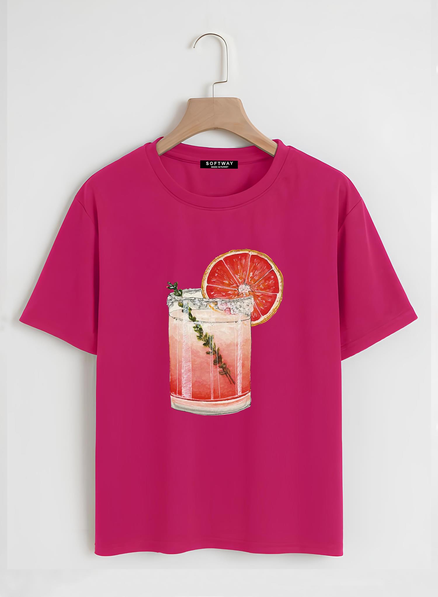 Unisex Oversize Bisiklet Yaka Orange Cocktail Baskılı Basic T-Shirt - FUŞYA
