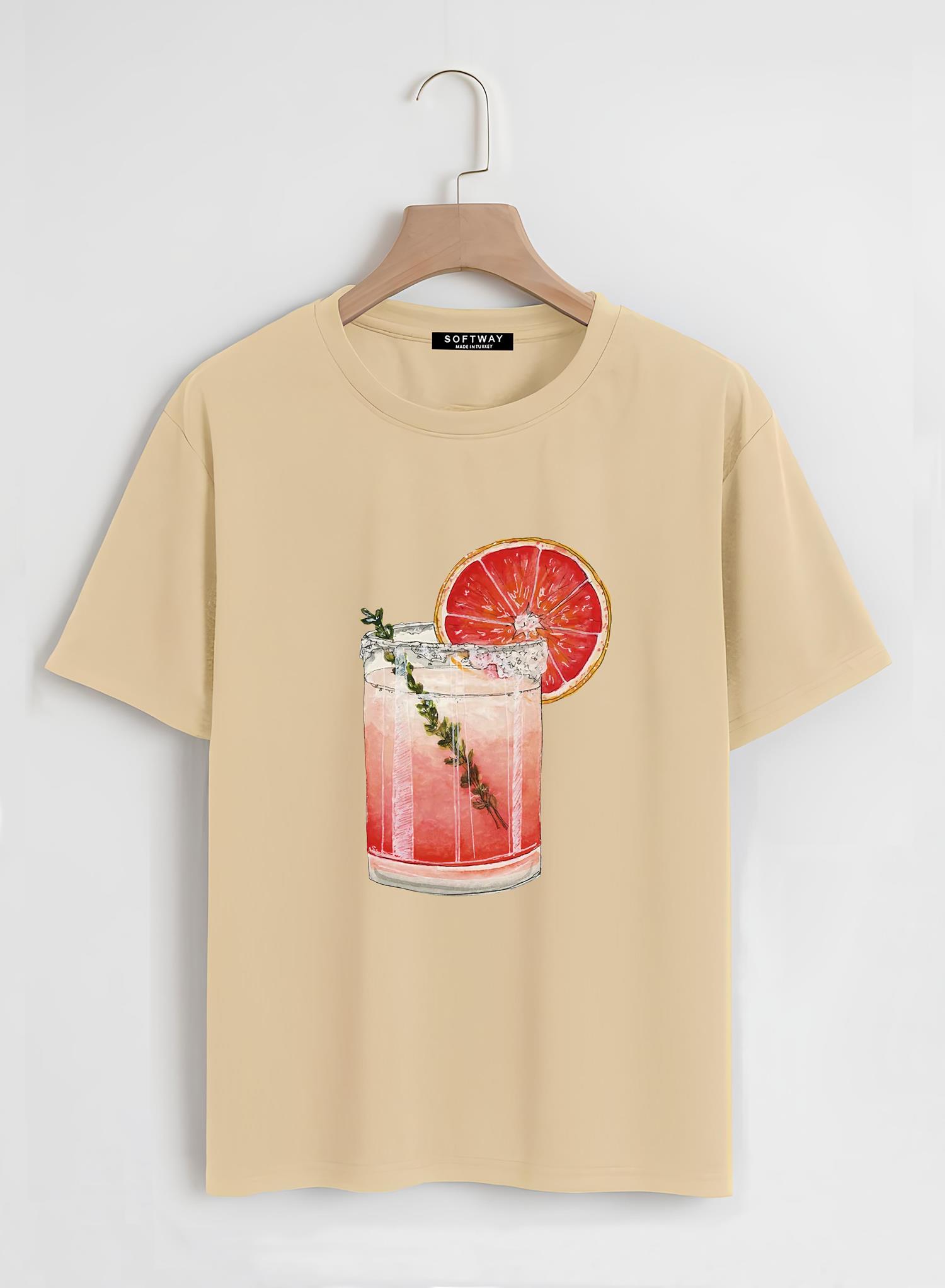 Unisex Oversize Bisiklet Yaka Orange Cocktail Baskılı Basic T-Shirt - BEJ