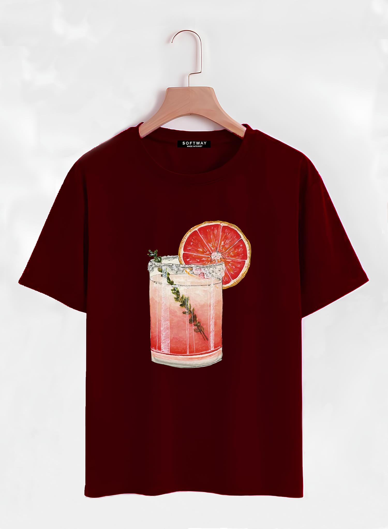 Unisex Oversize Bisiklet Yaka Orange Cocktail Baskılı Basic T-Shirt - BORDO
