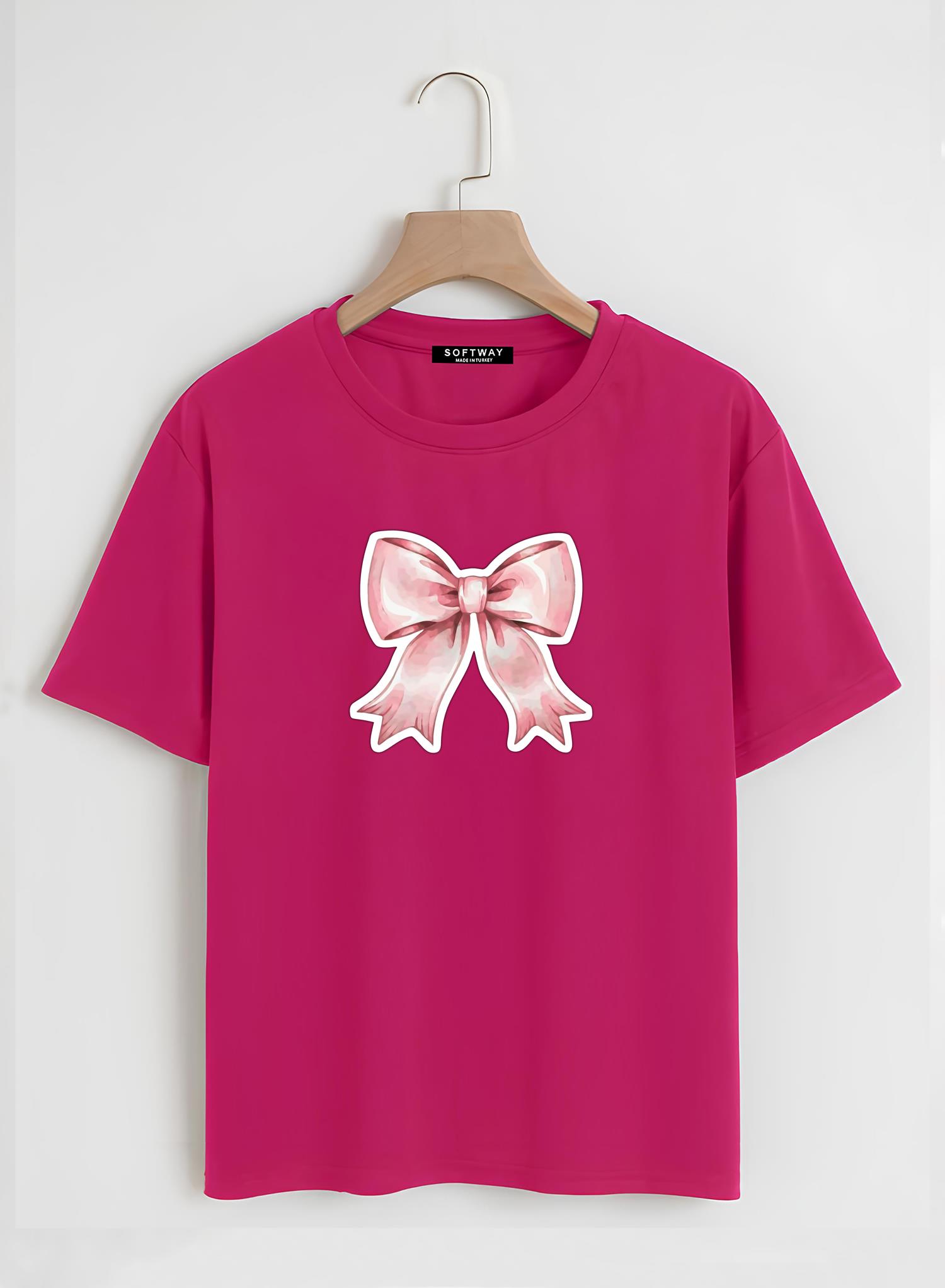 Unisex Oversize Bisiklet Yaka Powder Pink Ribbon Baskılı Basic T-Shirt - FUŞYA