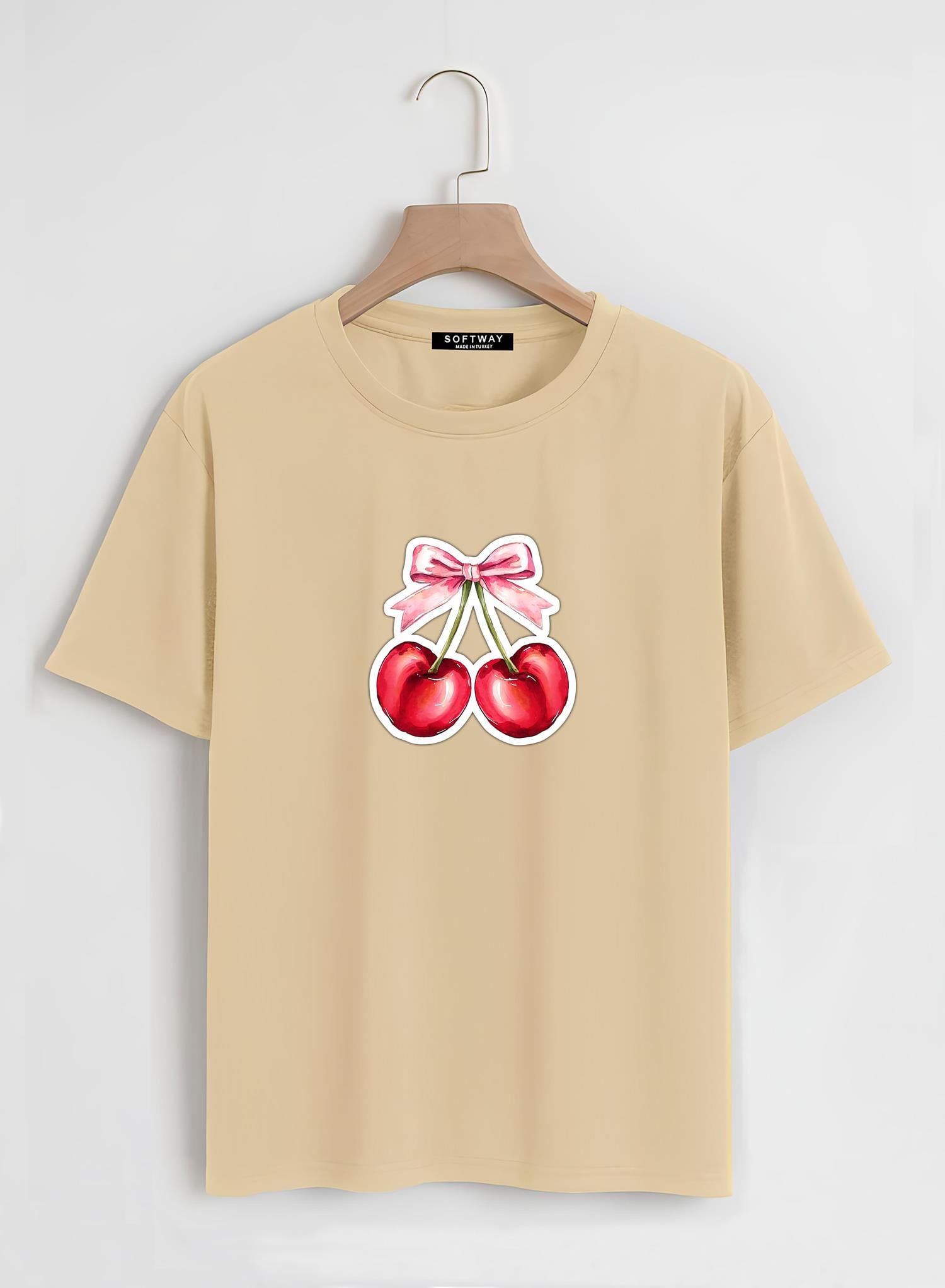 Unisex Oversize Bisiklet Yaka Ribbon Cherry Baskılı Basic T-Shirt - BEJ