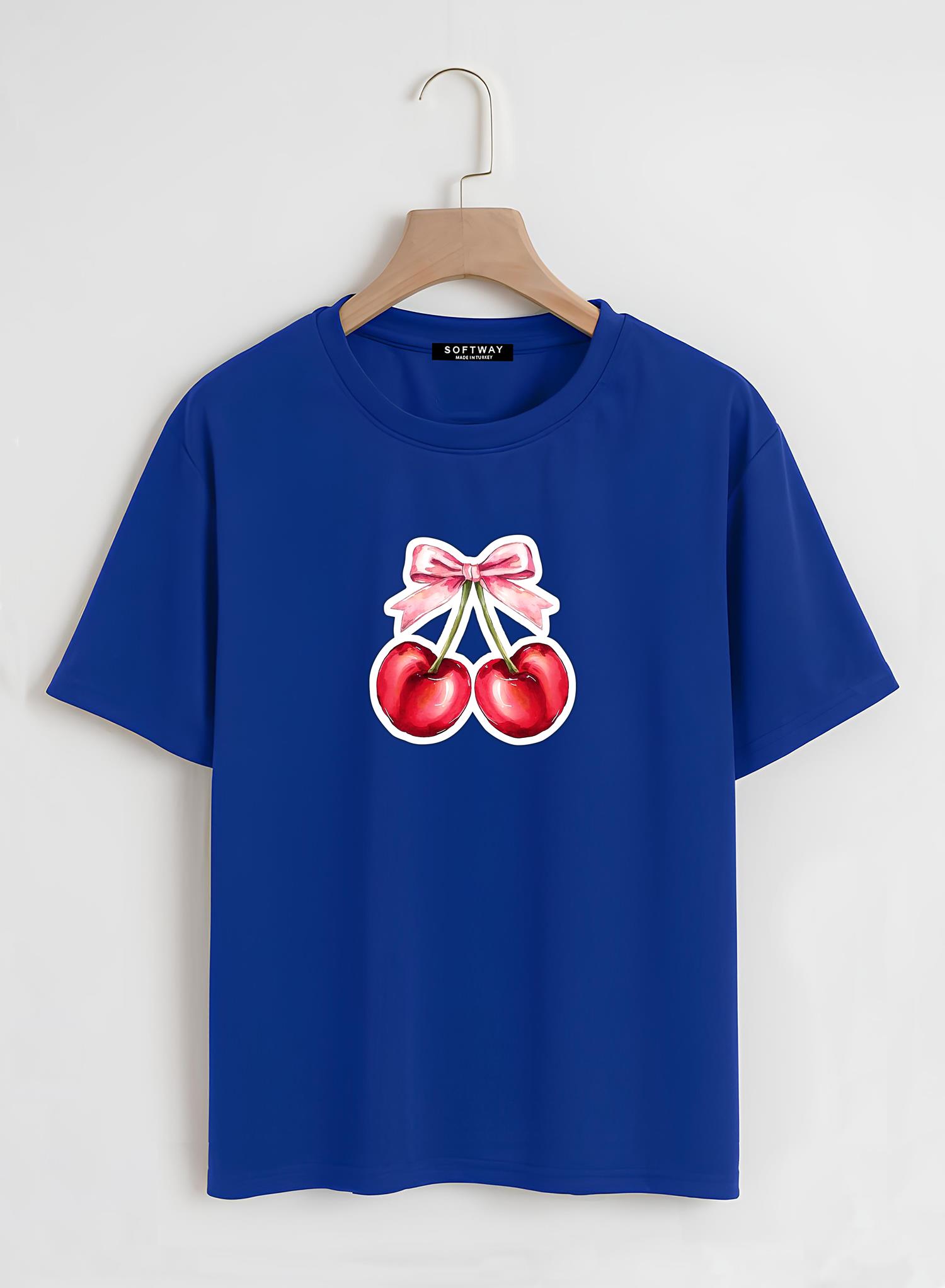 Unisex Oversize Bisiklet Yaka Ribbon Cherry Baskılı Basic T-Shirt - SAKS MAVİSİ