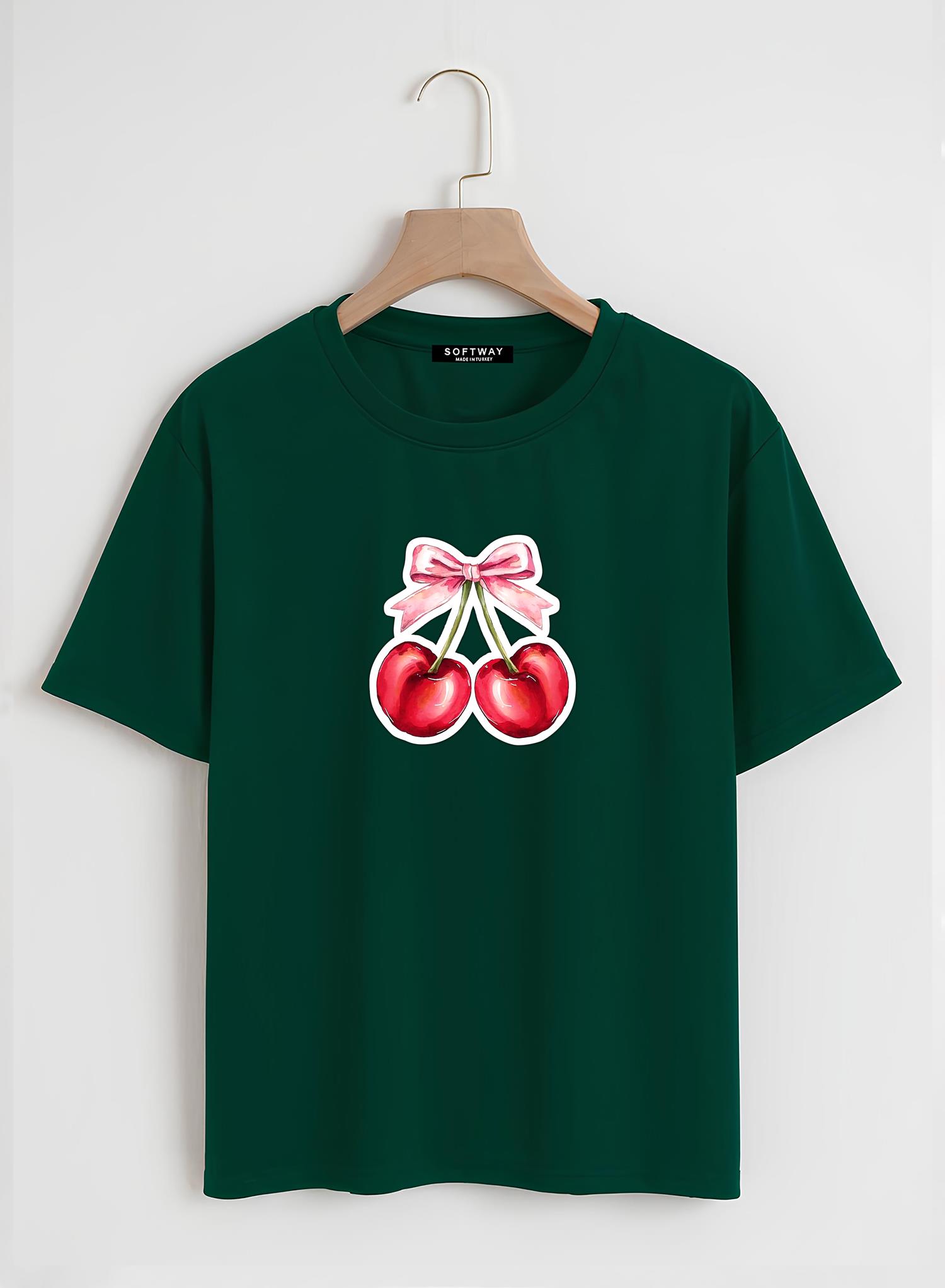 Unisex Oversize Bisiklet Yaka Ribbon Cherry Baskılı Basic T-Shirt - KOYU YEŞİL