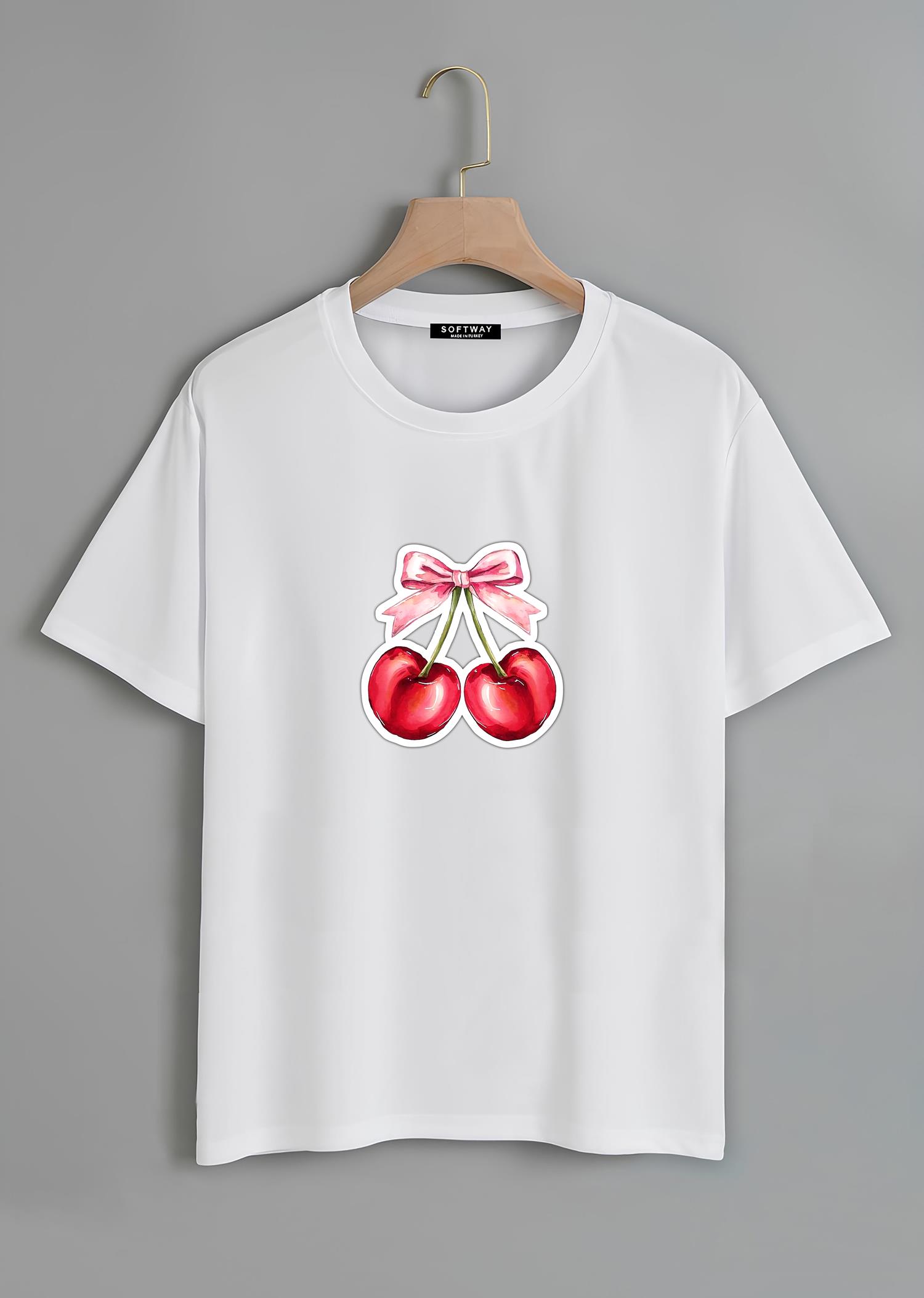Unisex Oversize Bisiklet Yaka Ribbon Cherry Baskılı Basic T-Shirt - BEYAZ