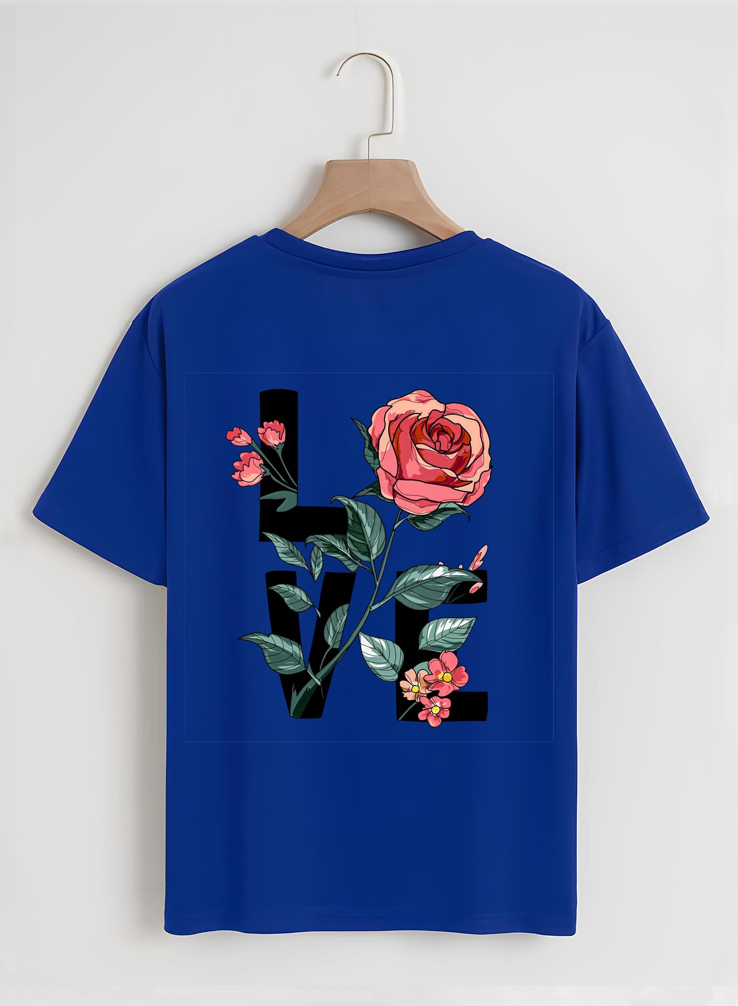 Unisex Oversize Bisiklet Yaka Rose Love Baskılı Basic T-Shirt - SAKS MAVİSİ