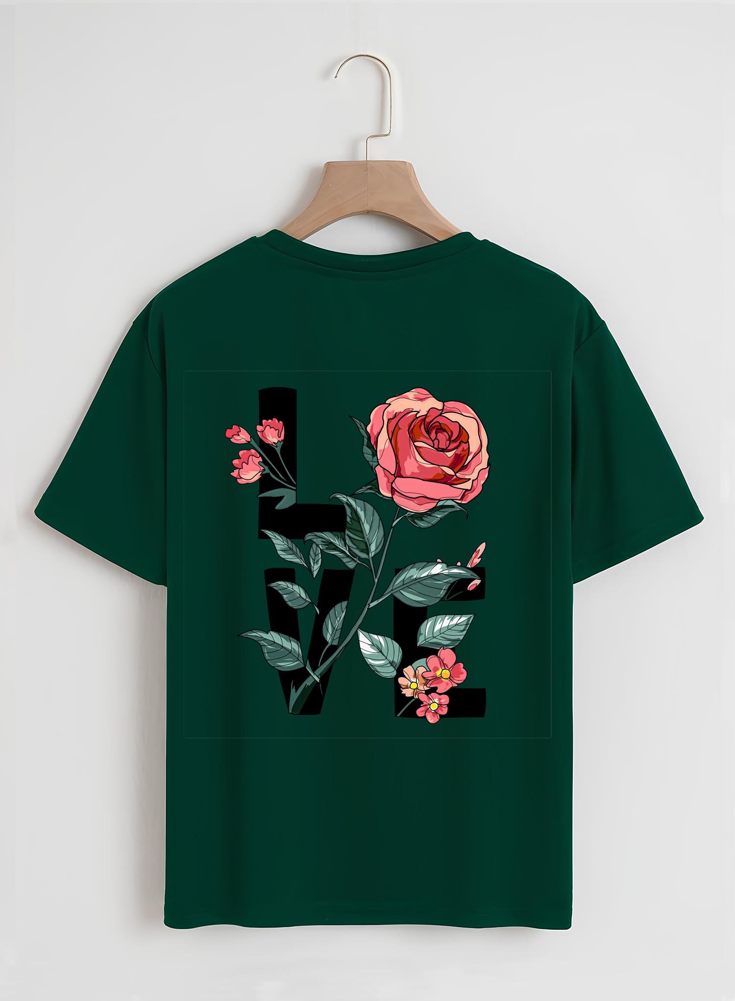 Unisex Oversize Bisiklet Yaka Rose Love Baskılı Basic T-Shirt - KOYU YEŞİL