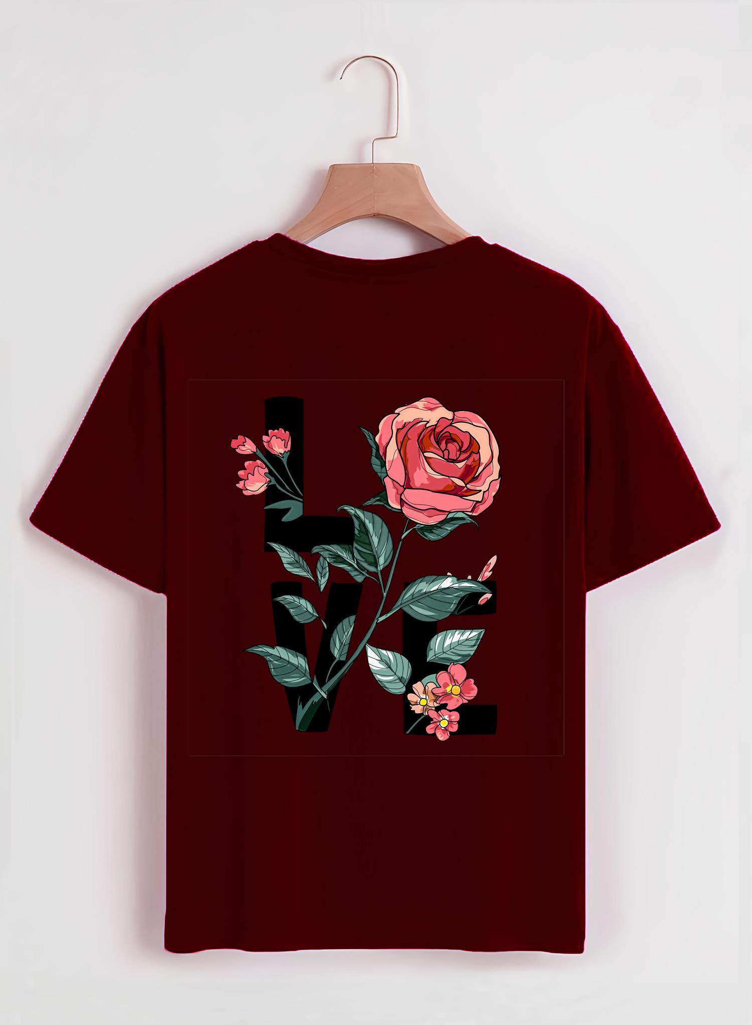 Unisex Oversize Bisiklet Yaka Rose Love Baskılı Basic T-Shirt - BORDO