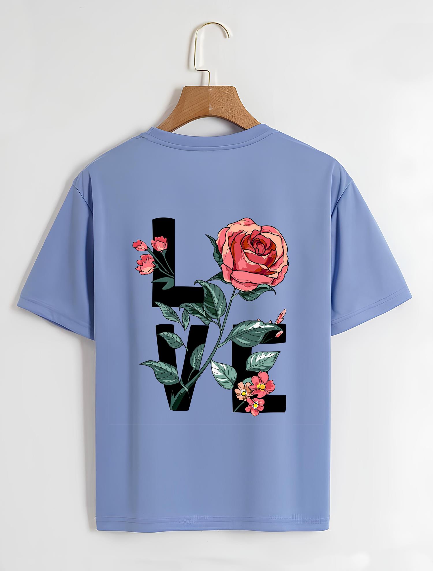Unisex Oversize Bisiklet Yaka Rose Love Baskılı Basic T-Shirt - MAVİ