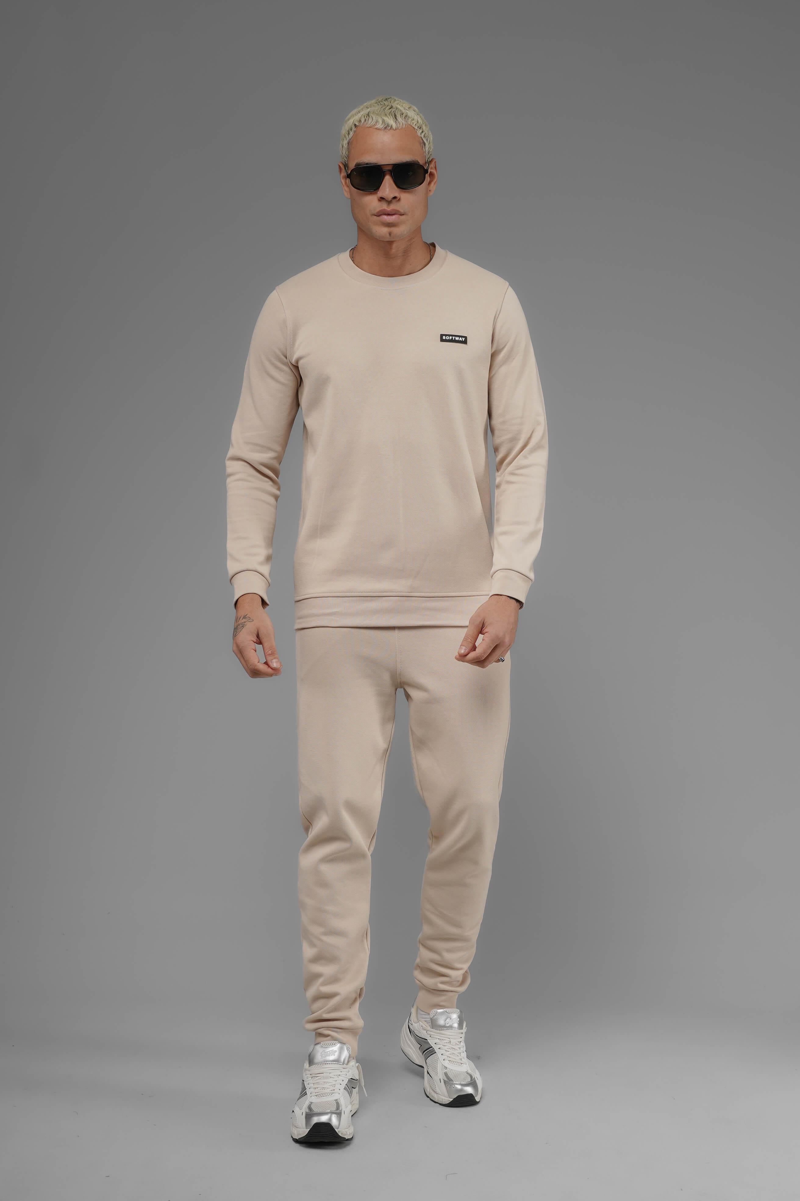 Unisex Regular Fit Bisiklet Yaka Dokulu İnterlok Pike Sweatshirt - Bej