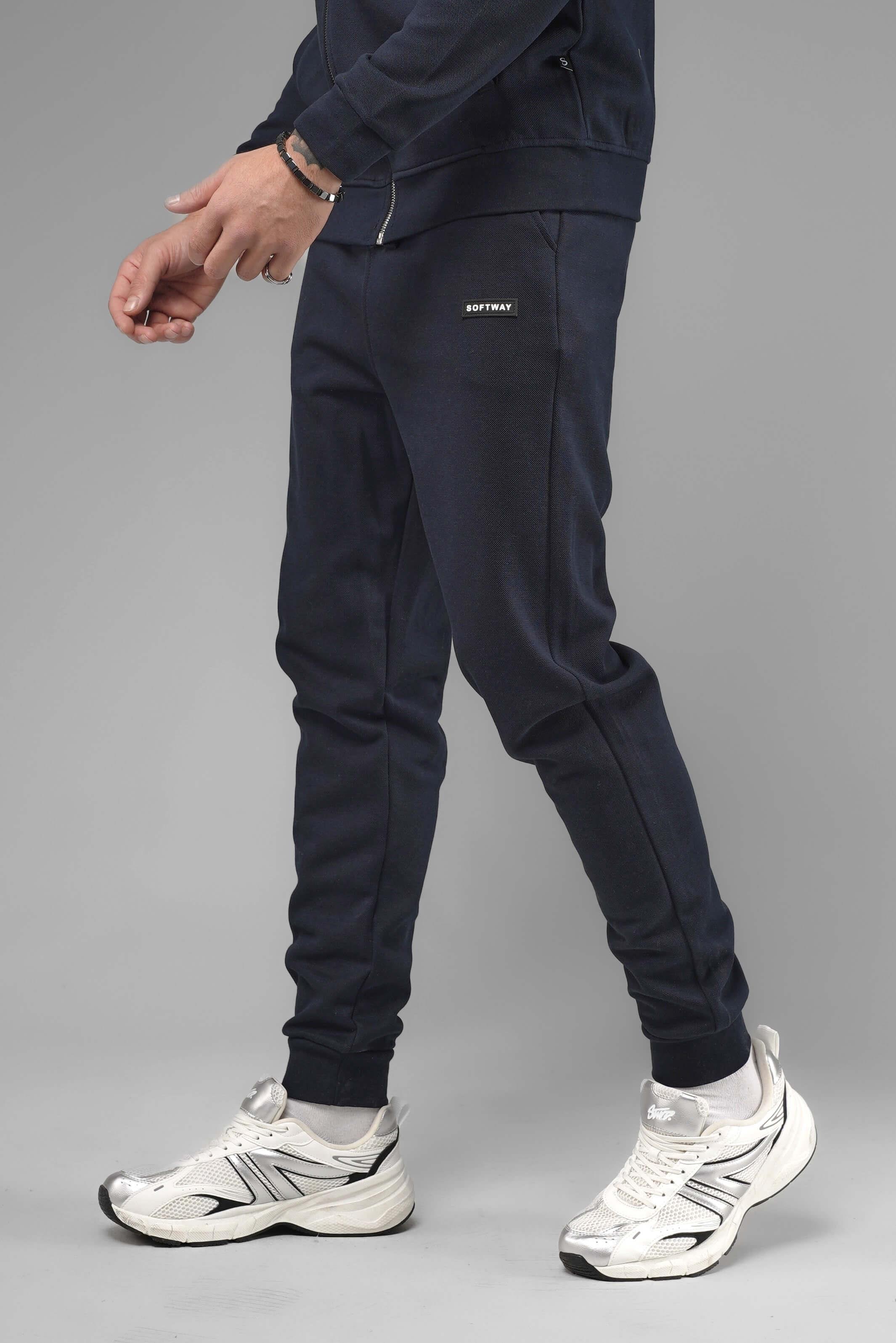 Unisex Regular Fit Cepli İnterlok Pike Eşofman Altı - Lacivert