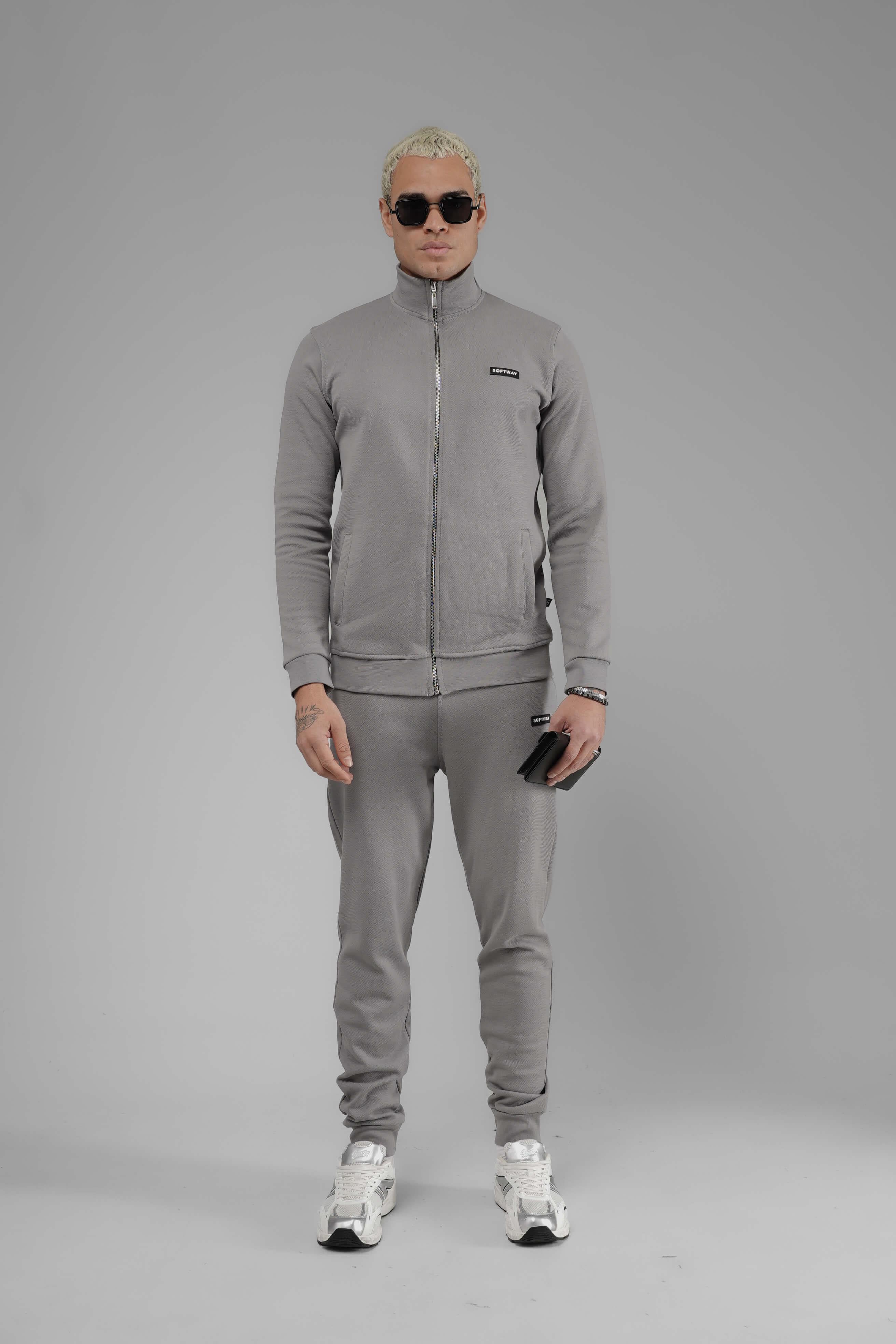 Unisex Regular Fit Dik Yaka Fermuarlı Cepli İnterlok Pike Sweatshirt - Gri