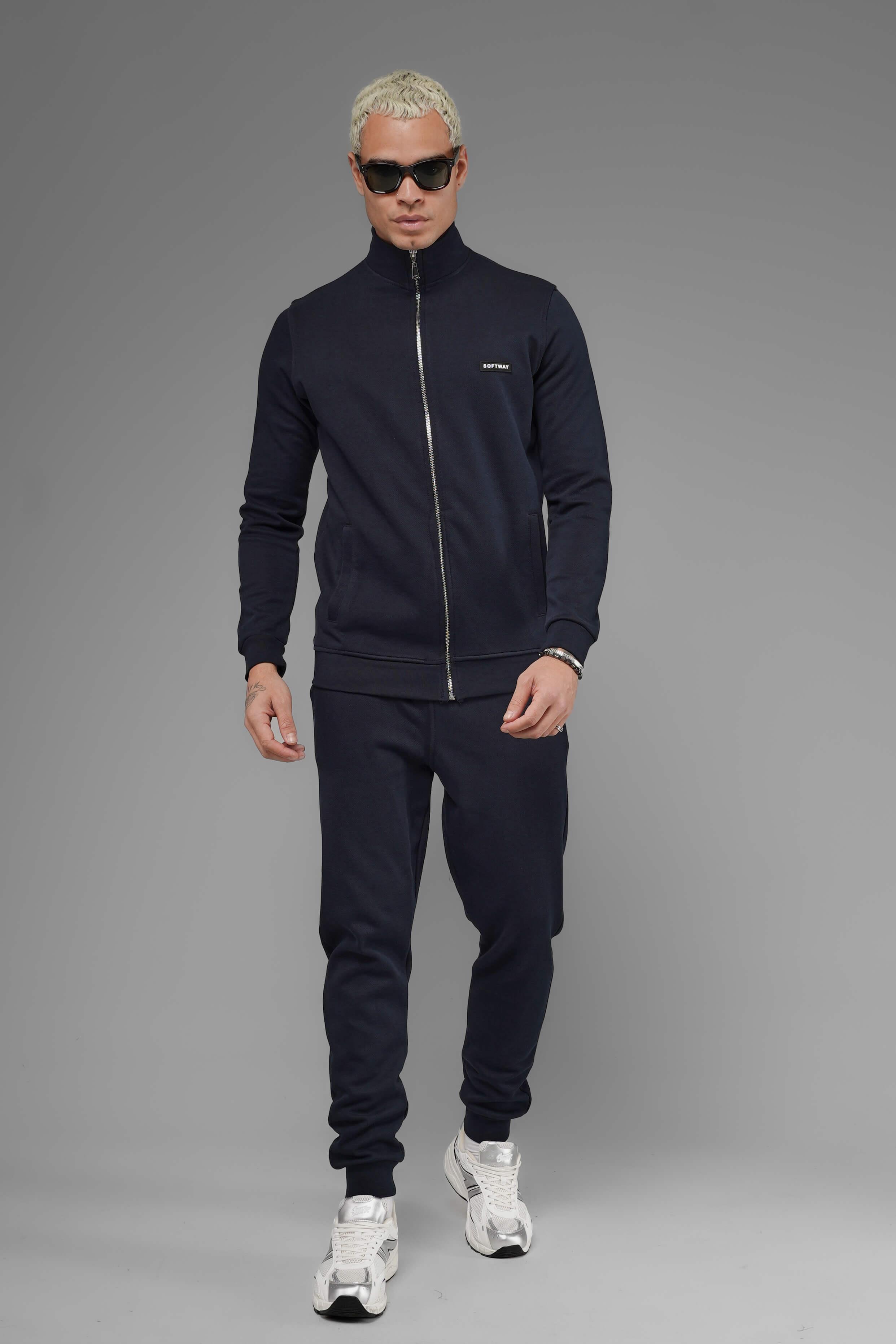 Unisex Regular Fit Dik Yaka Fermuarlı Cepli İnterlok Pike Sweatshirt - Lacivert