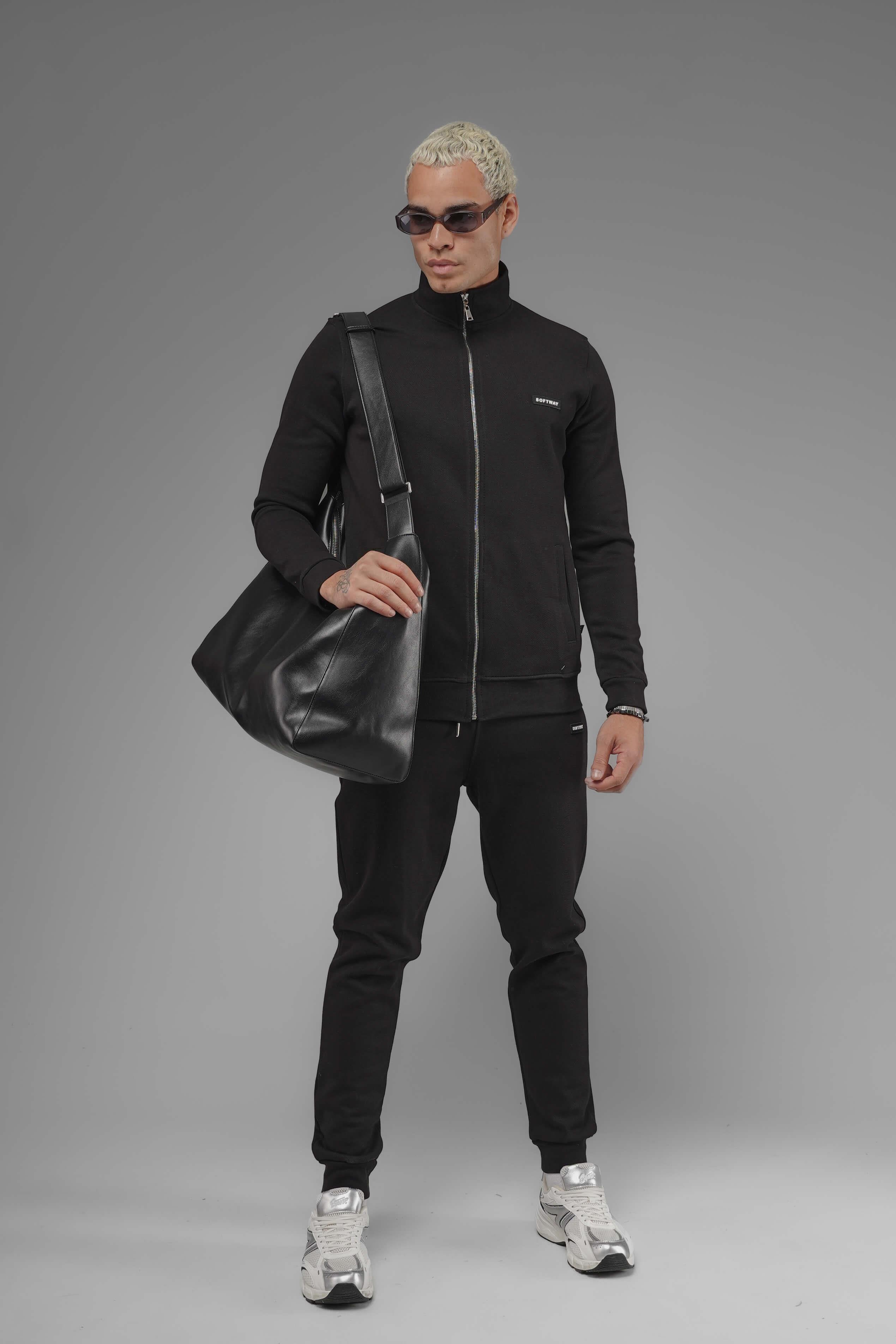 Unisex Regular Fit Dik Yaka Fermuarlı Cepli İnterlok Pike Sweatshirt - Siyah