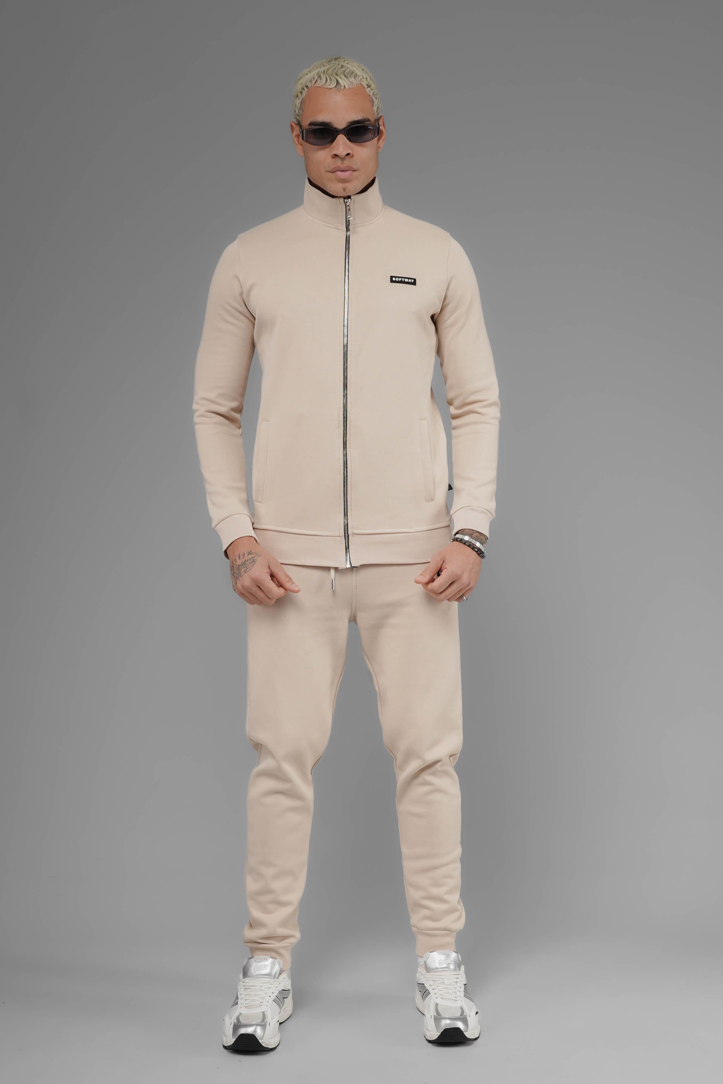 Unisex Regular Fit Dik Yaka Fermuarlı Cepli İnterlok Pike Sweatshirt  - Bej