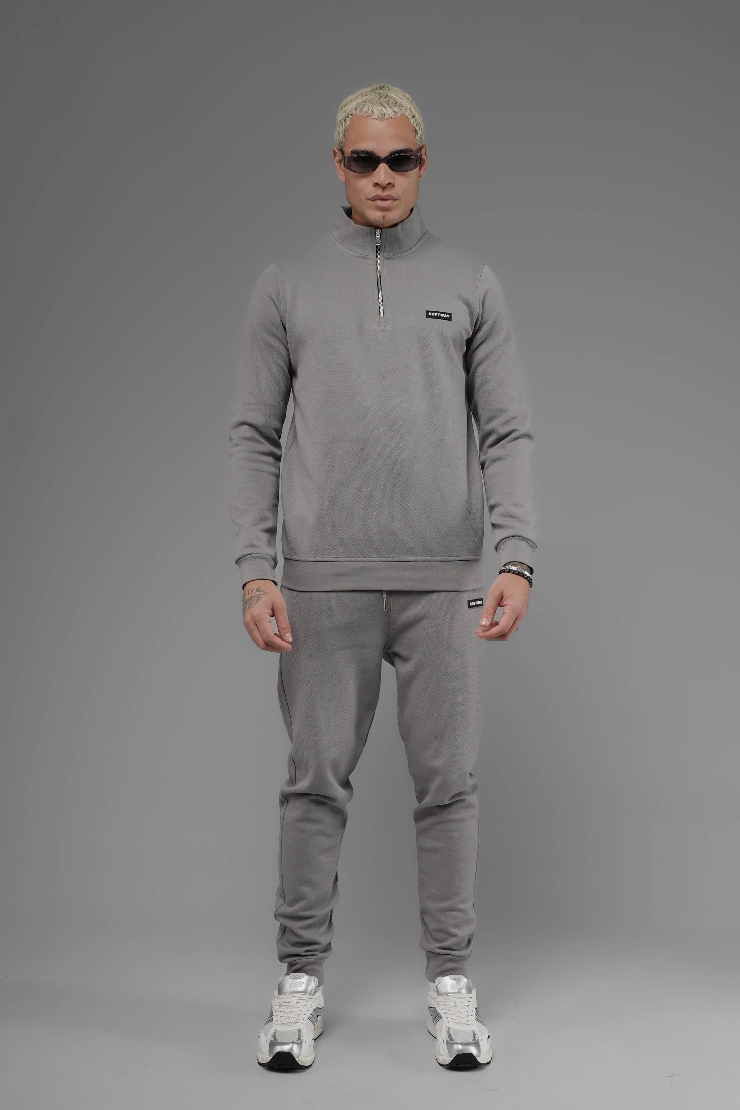 Unisex Regular Fit Dik Yaka Yarım Fermuarlı İnterlok Pike Sweatshirt - Gri