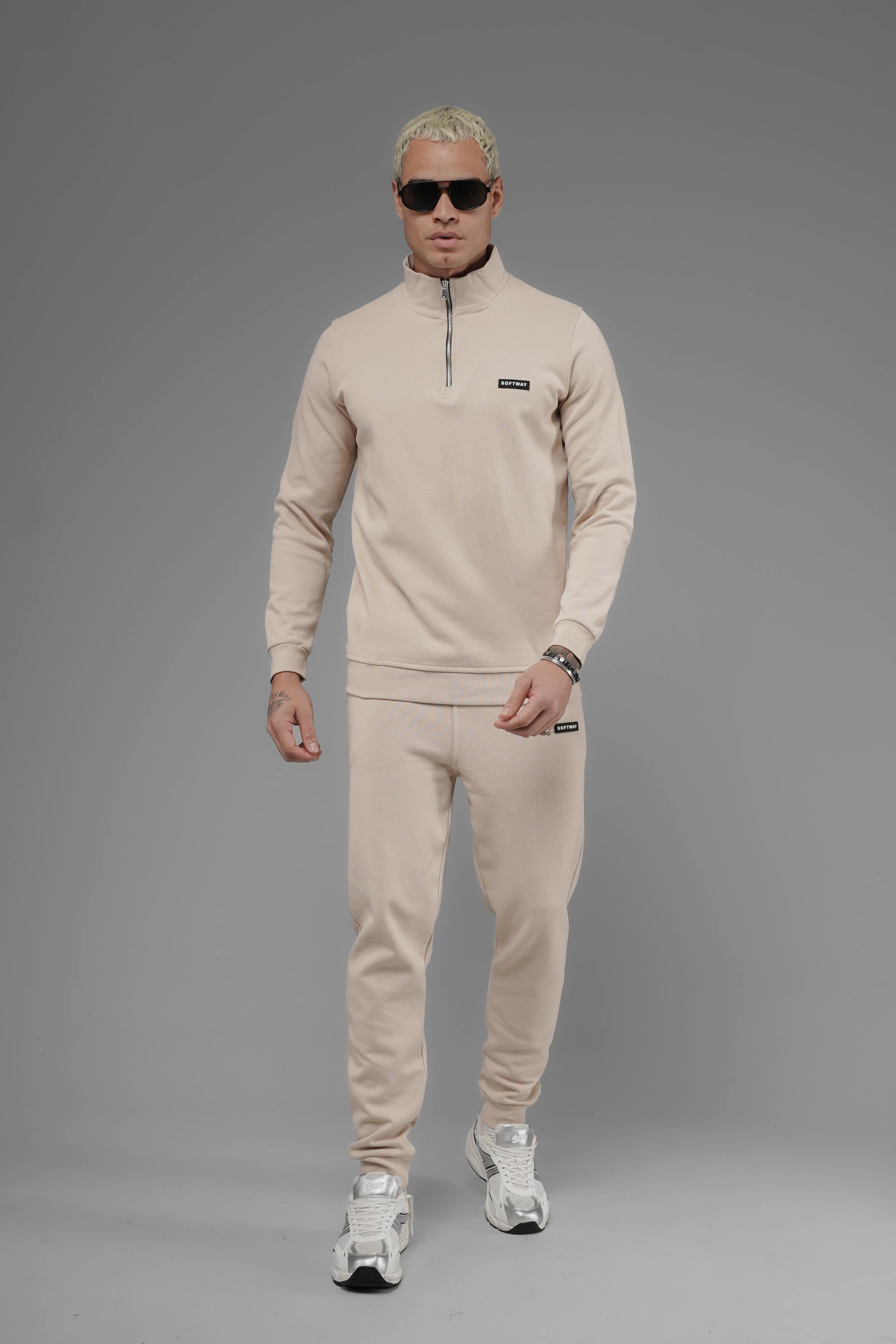 Unisex Regular Fit Dik Yaka Yarım Fermuarlı İnterlok Pike Sweatshirt - Bej