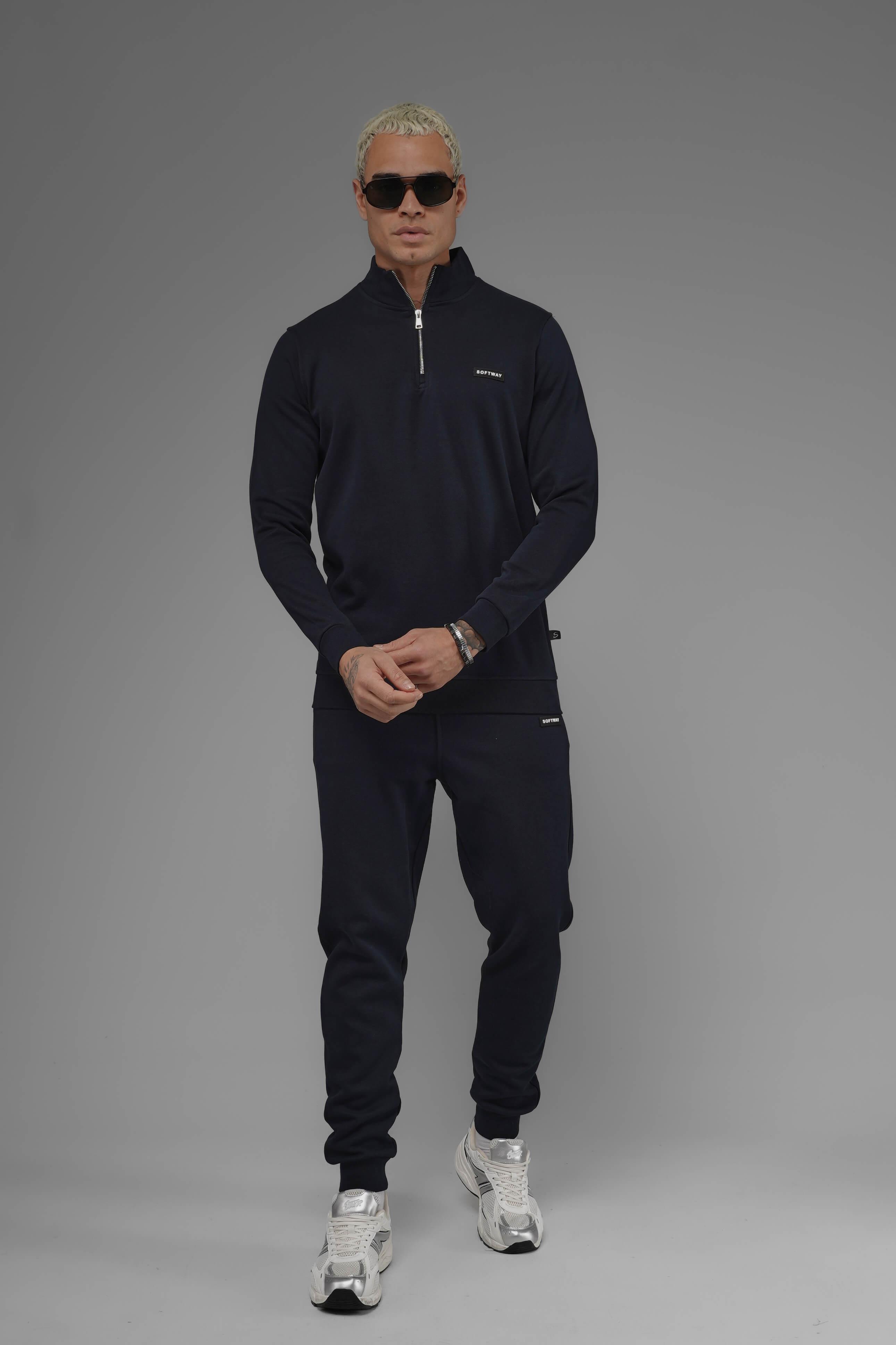 Unisex Regular Fit Dik Yaka Yarım Fermuarlı İnterlok Pike Sweatshirt - Lacivert