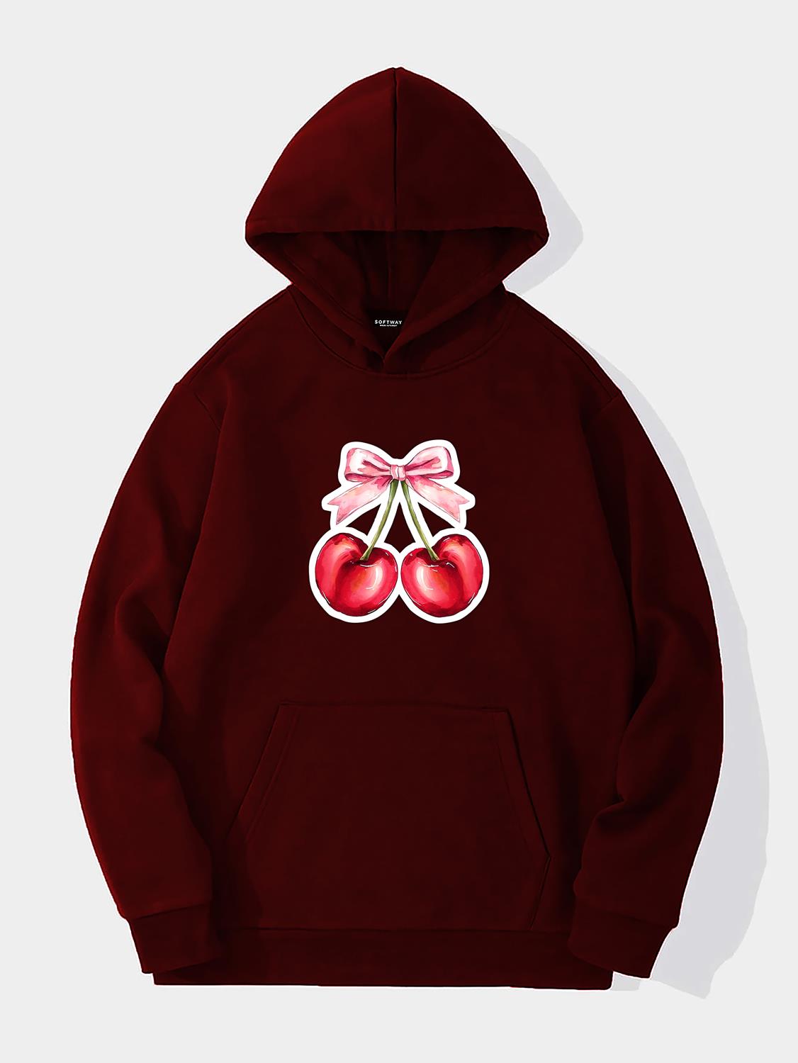 Unisex Ribbon Cherry Baskılı Kapüşonlu İçi Yumuşak Polarlı Oversize Sweatshirt - BORDO