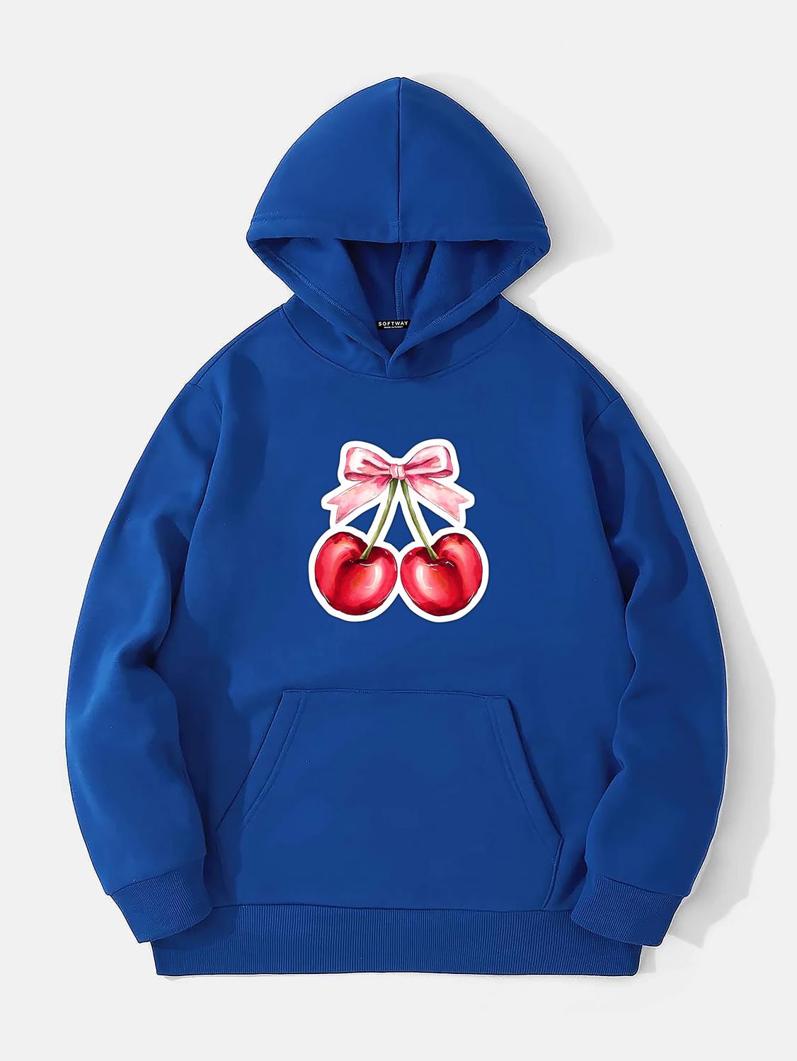 Unisex Ribbon Cherry Baskılı Kapüşonlu İçi Yumuşak Polarlı Oversize Sweatshirt - SAKS MAVİSİ