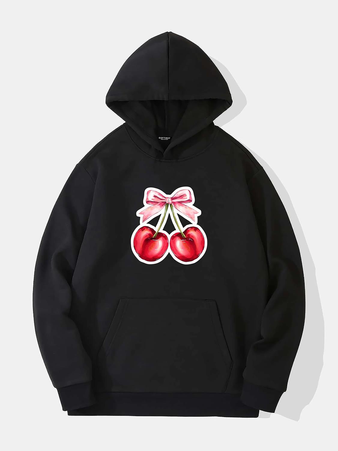 Unisex Ribbon Cherry Baskılı Kapüşonlu İçi Yumuşak Polarlı Oversize Sweatshirt - SİYAH