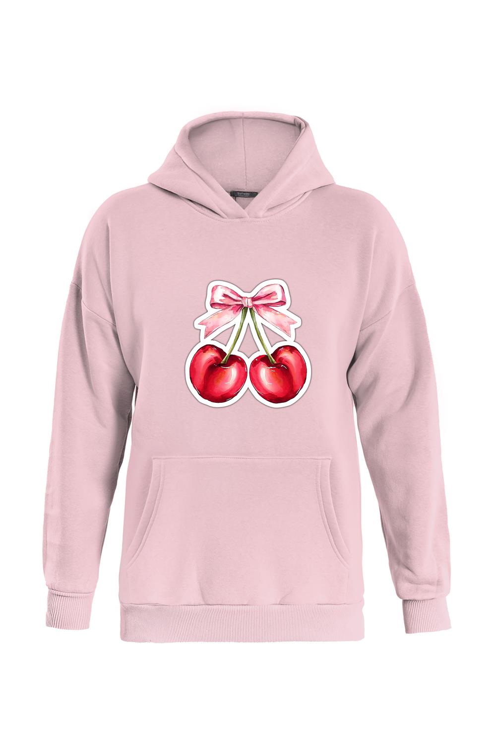 Unisex Ribbon Cherry Baskılı Kapüşonlu İçi Yumuşak Polarlı Oversize Sweatshirt - PEMBE