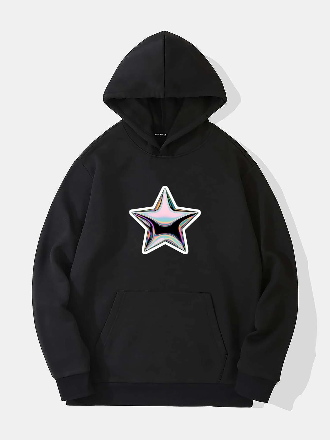 Unisex Shining Metallic Star Baskılı Kapüşonlu İçi Yumuşak Polarlı Oversize Sweatshirt - SİYAH