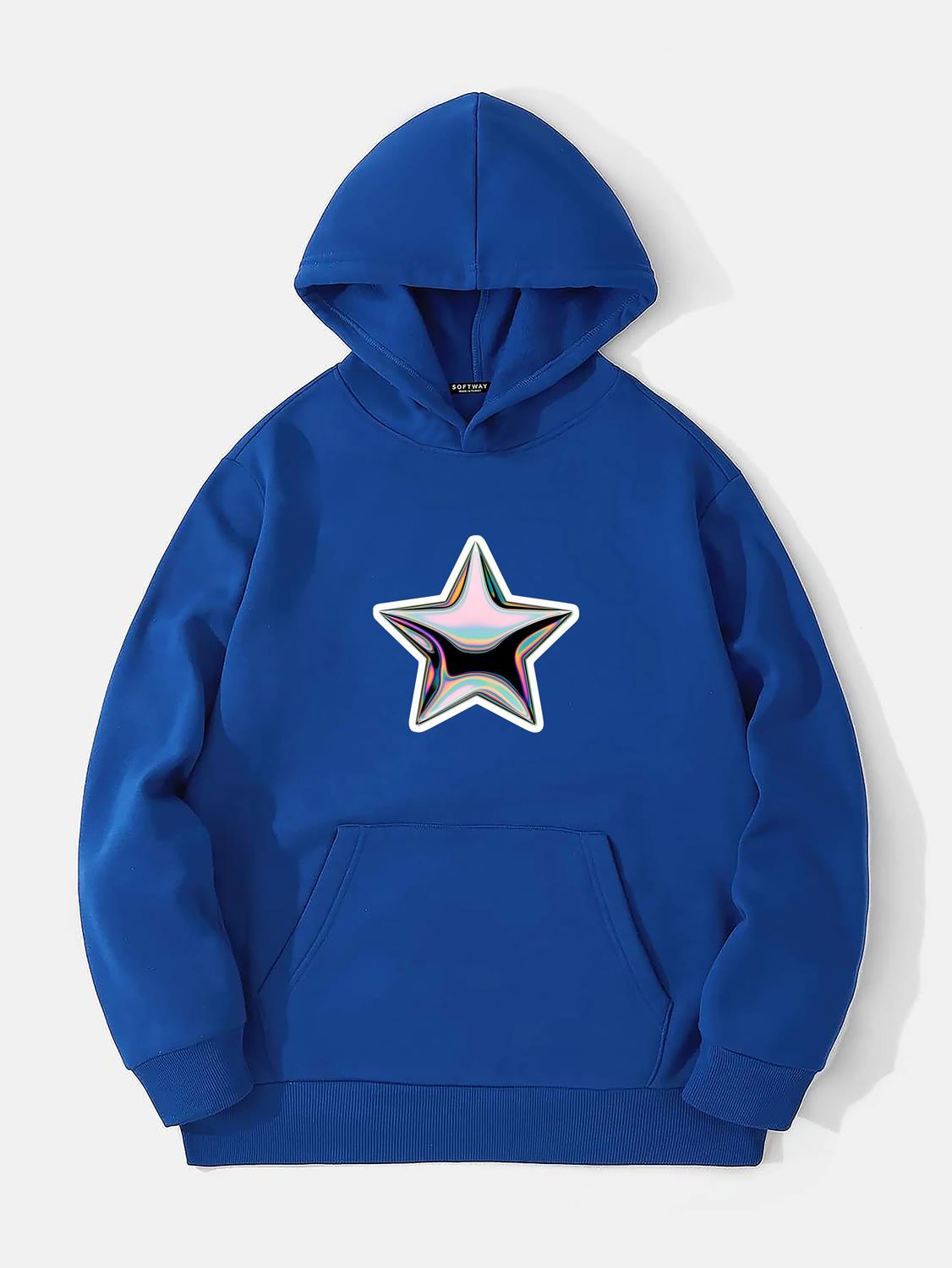 Unisex Shining Metallic Star Baskılı Kapüşonlu İçi Yumuşak Polarlı Oversize Sweatshirt - SAKS MAVİSİ