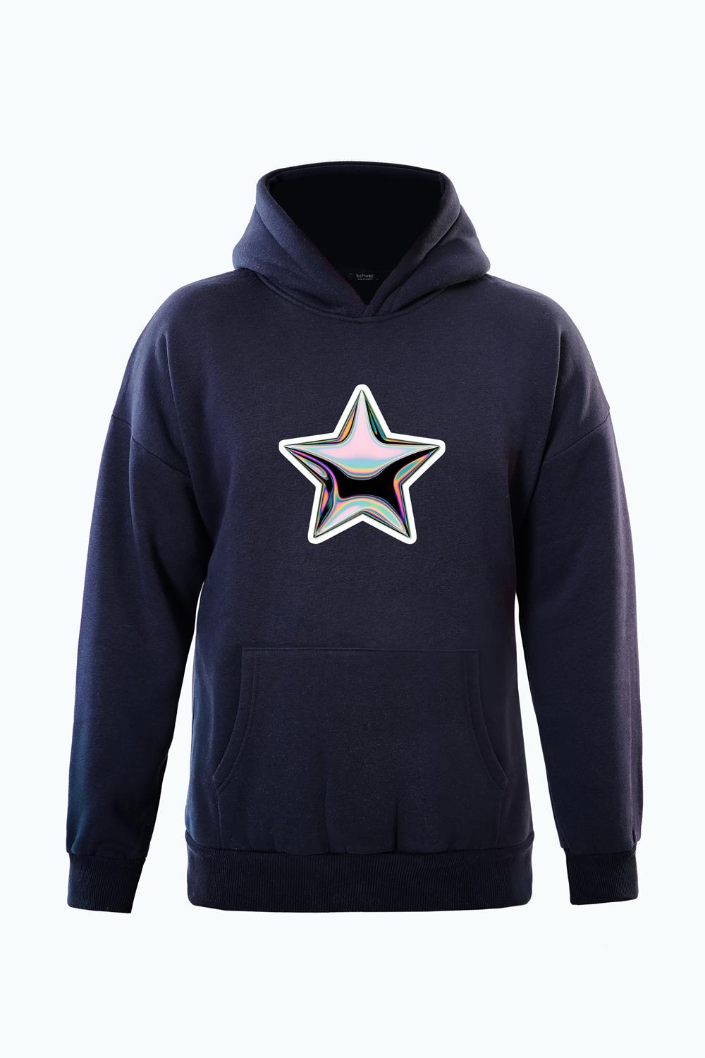 Unisex Shining Metallic Star Baskılı Kapüşonlu İçi Yumuşak Polarlı Oversize Sweatshirt - LACİVERT